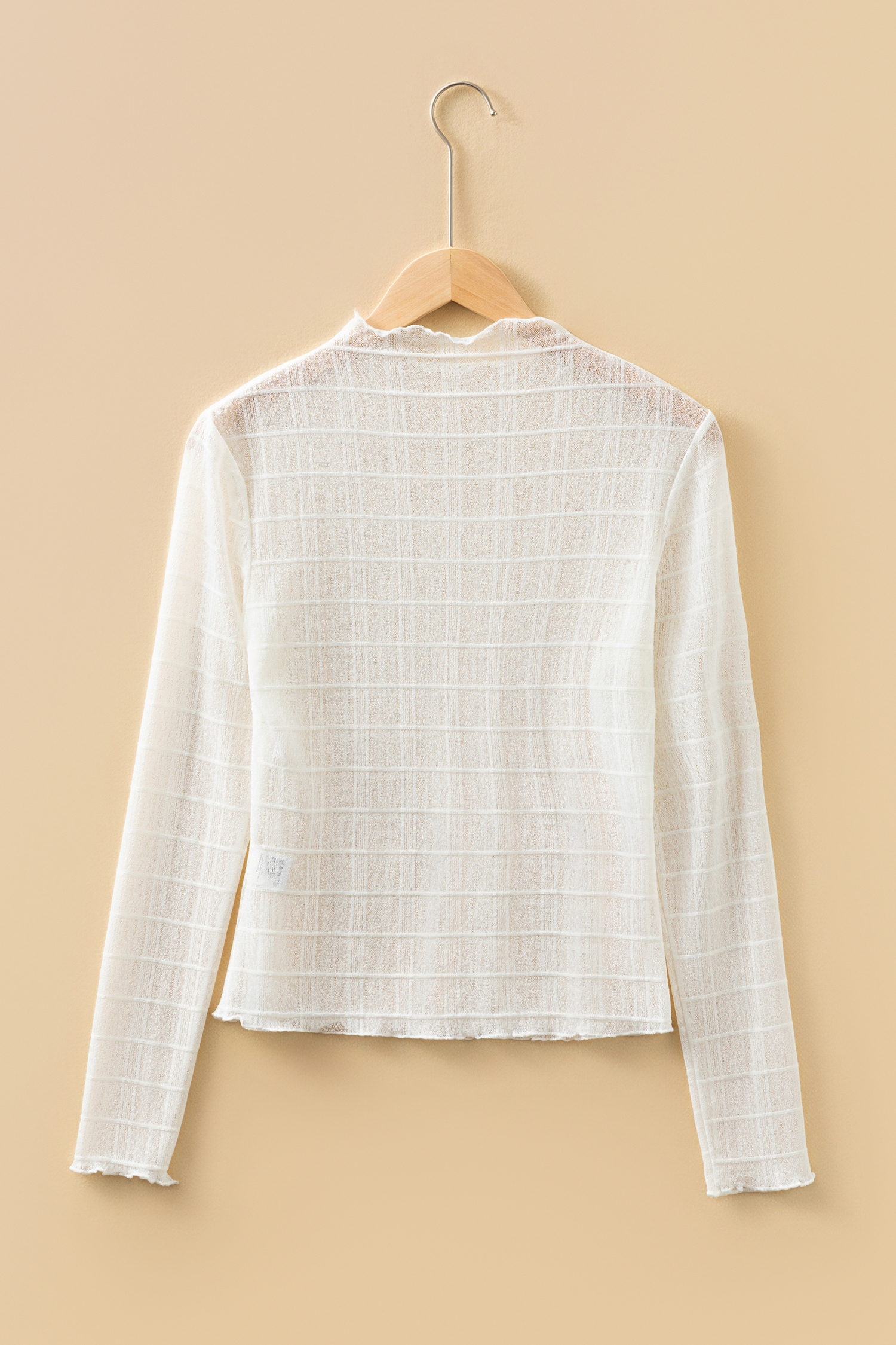 White Sheer Plaid Mesh Lettuce Trim Slim Fit Long Sleeve Top