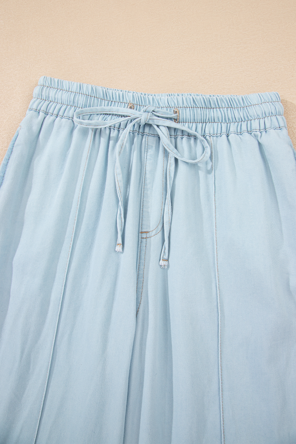 Beau Blue Light Wash Contrast Trim Center Seam Drawstring Elastic Waistband Wide Leg Denim Pants