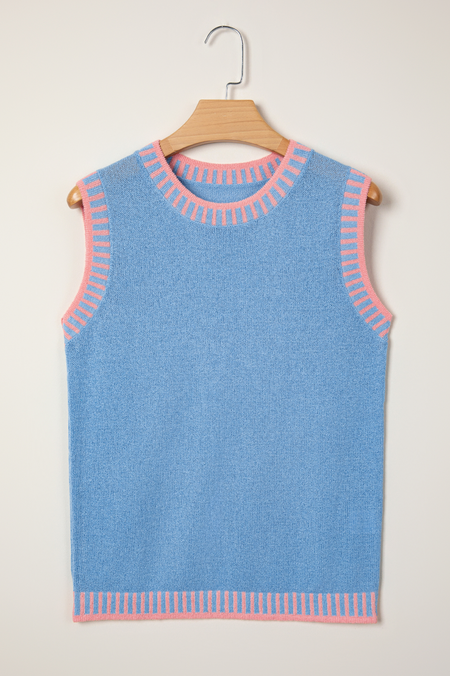 Sky Blue Contrast Trim Round Neck Sleeveless Sweater