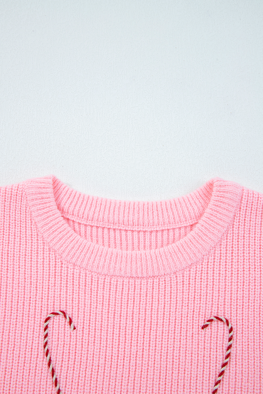 Pink Merry Candy Cane Puffy Knit Crew Neck Sweater