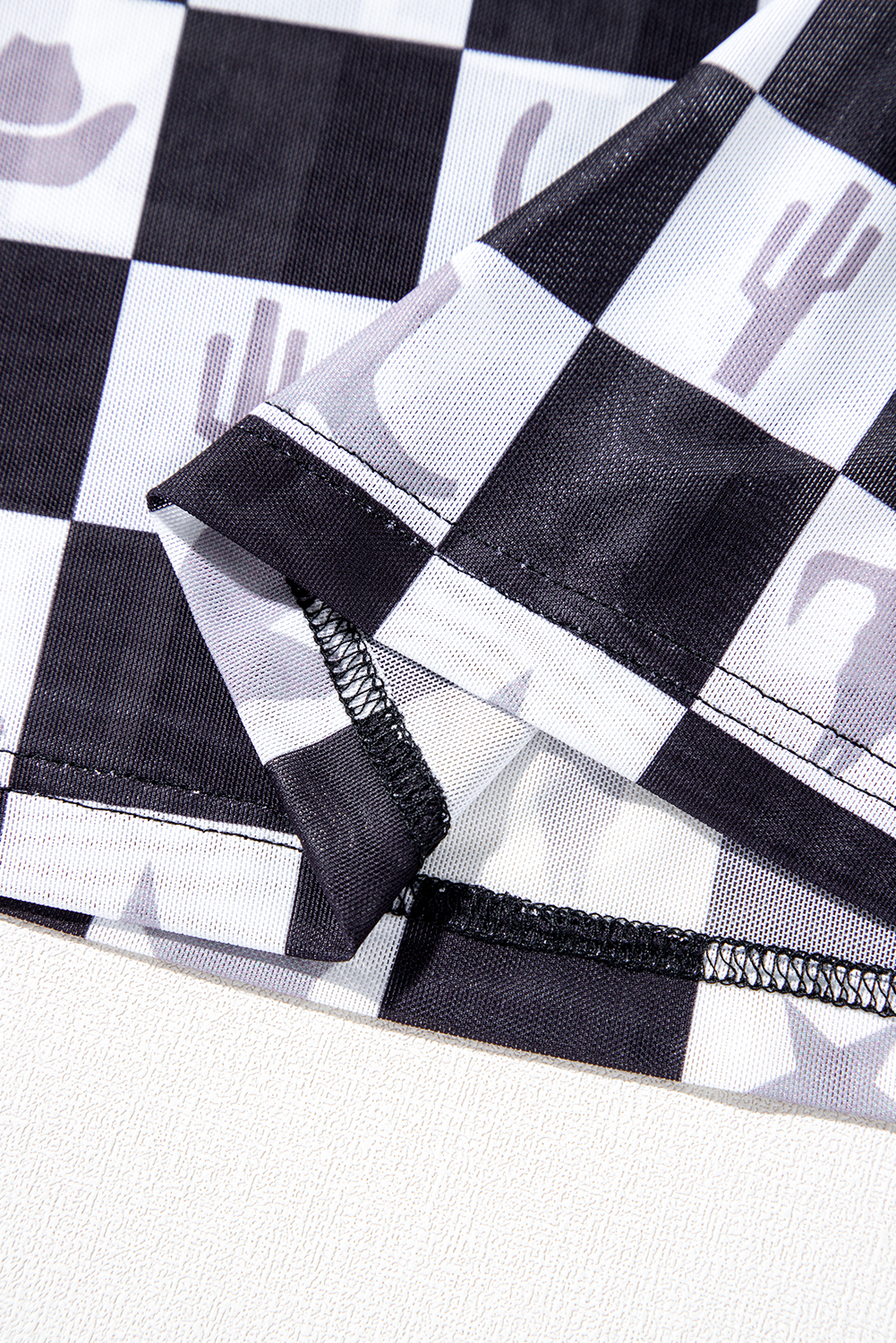 Khaki Checkered Pattern Mesh Mock Neck Long Sleeve Top