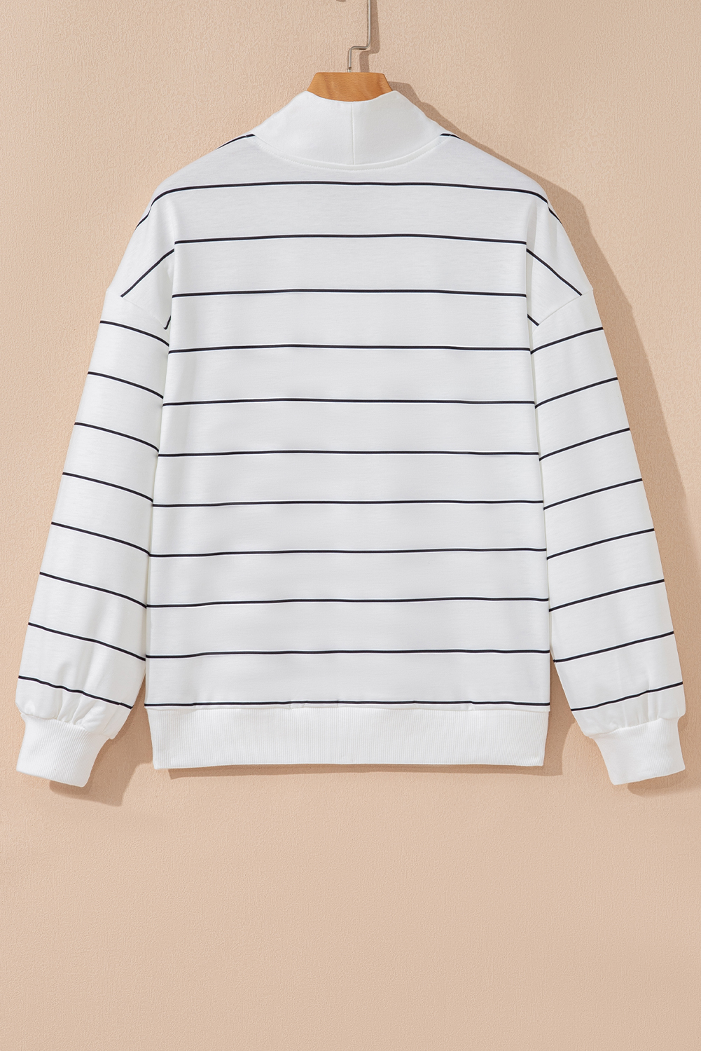 White Zip V Neck Casual Stripe Print Drop Shoulder Long Sleeve Top