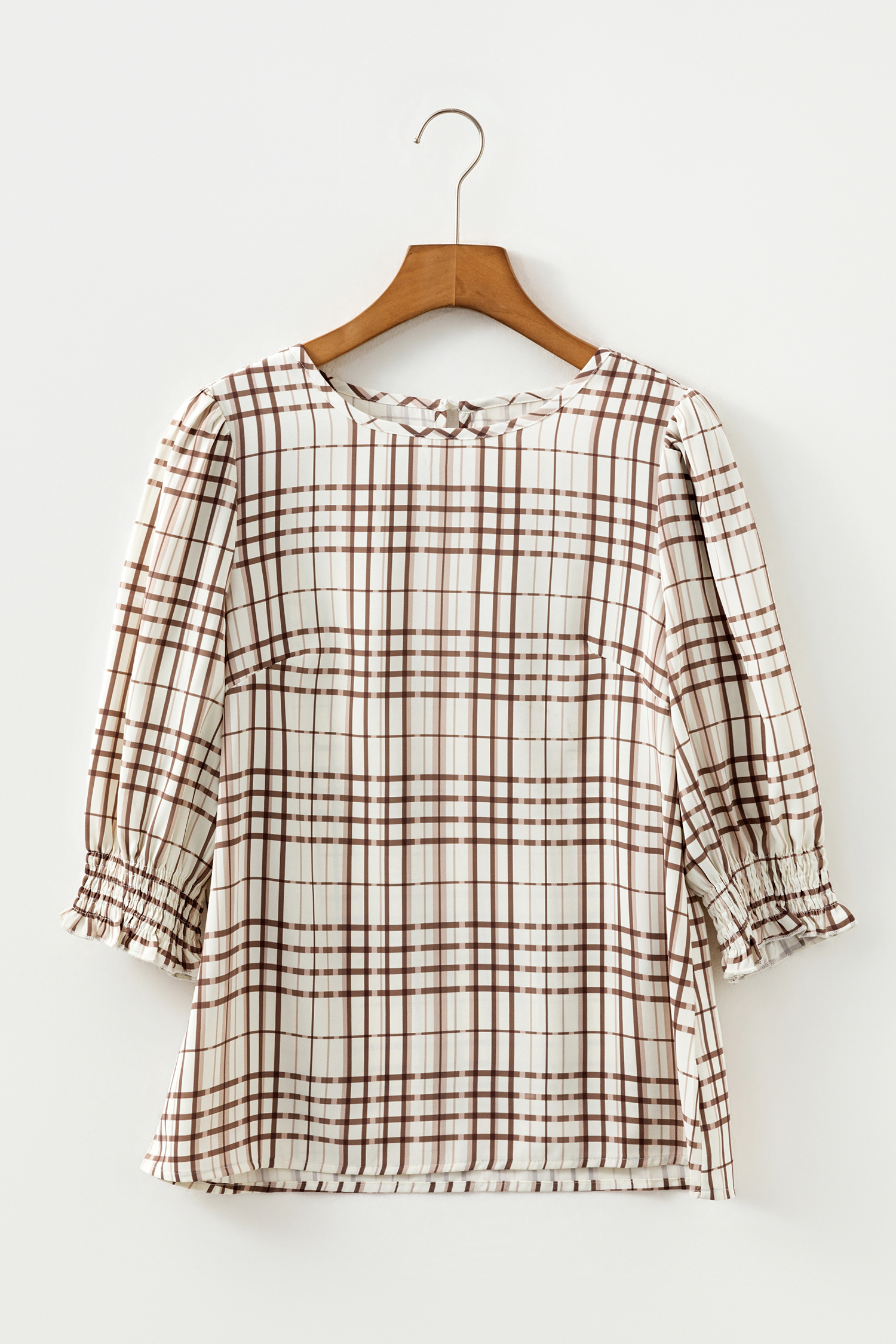 White Plaid Print Frilled Puffy Half Sleeve Blouse
