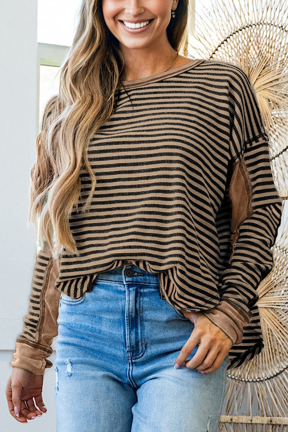 Dearlovers Green Stripe Thermal Knit Drop Shoulder Casual Top