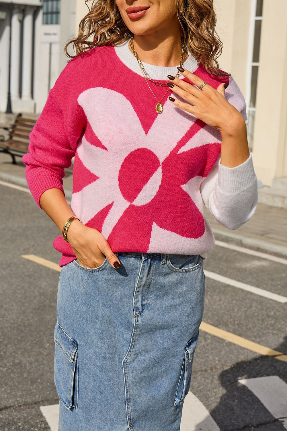 Black 2-tone Contrast Flower Pattern Drop Shoulder Bulk Sweater