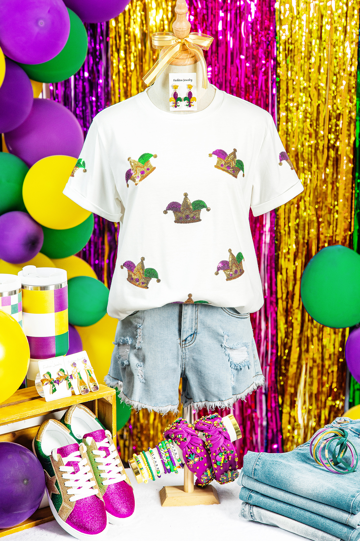 White Mardi Gras Sequin Crown Womens Casual T Shirt