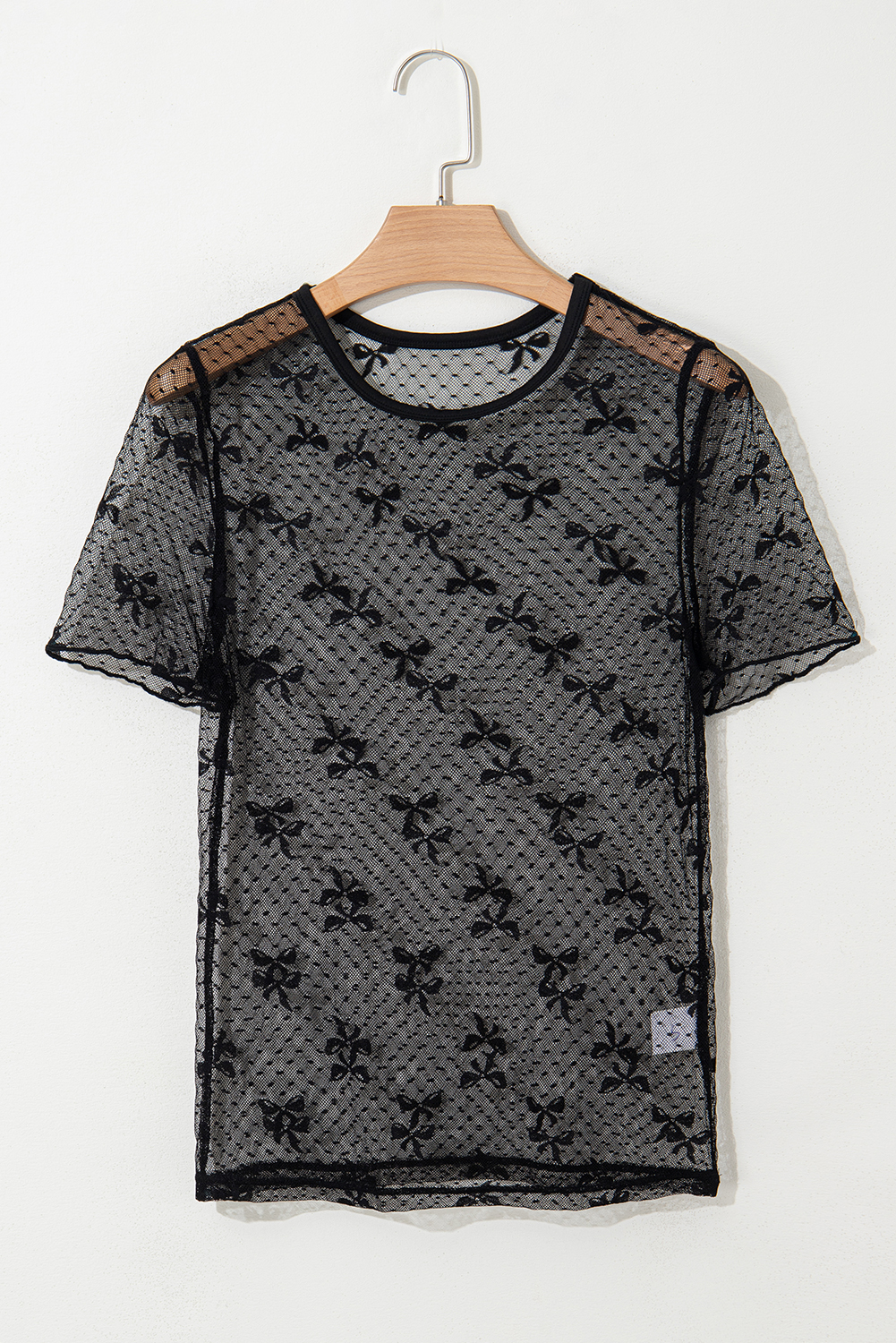 Black Bow Knot Dotted See-through Mesh Patched Slim Fit Blouse