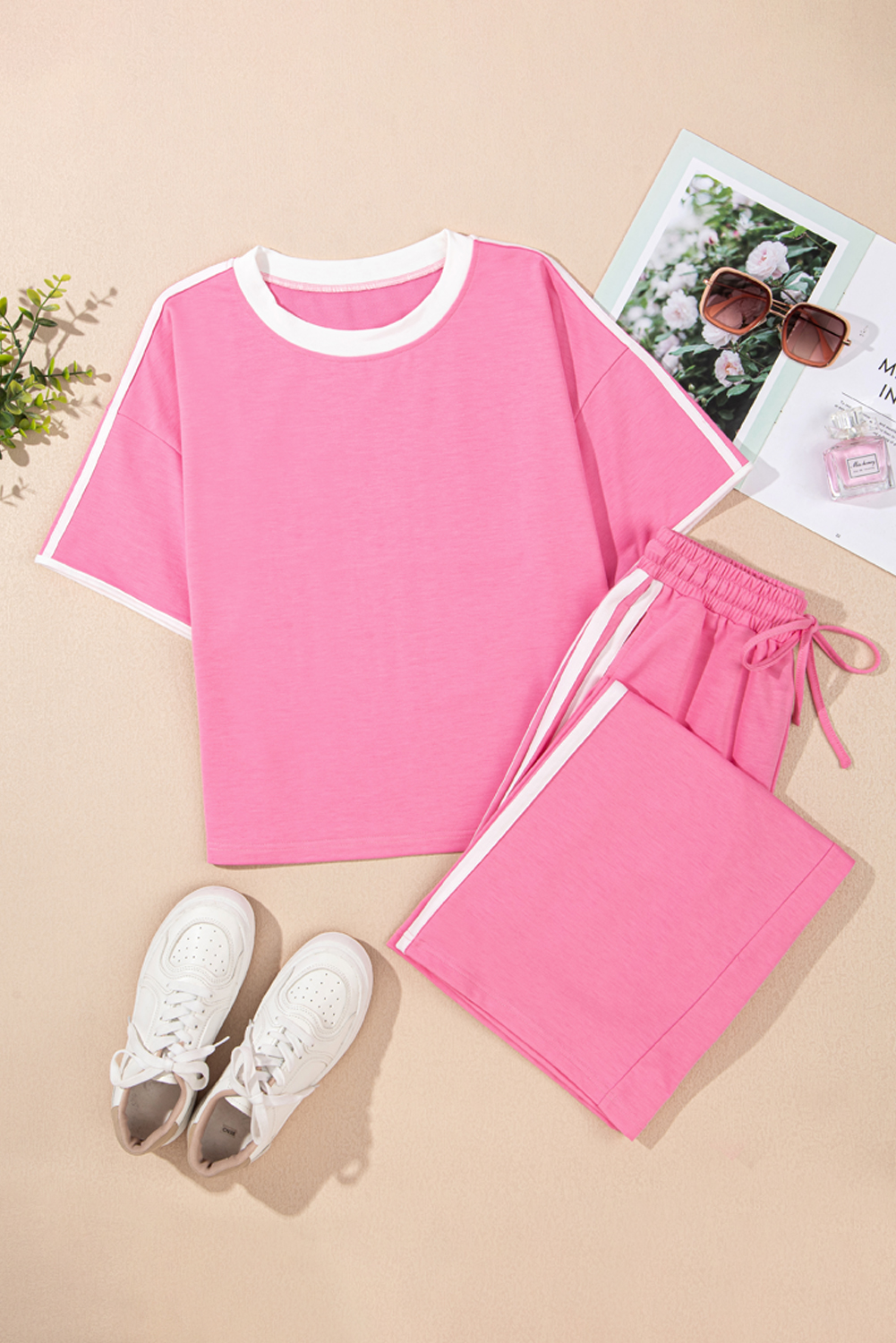 Sachet Pink Varsity Stripe Detail Casual Tee and Pants Leisure 2pcs Set