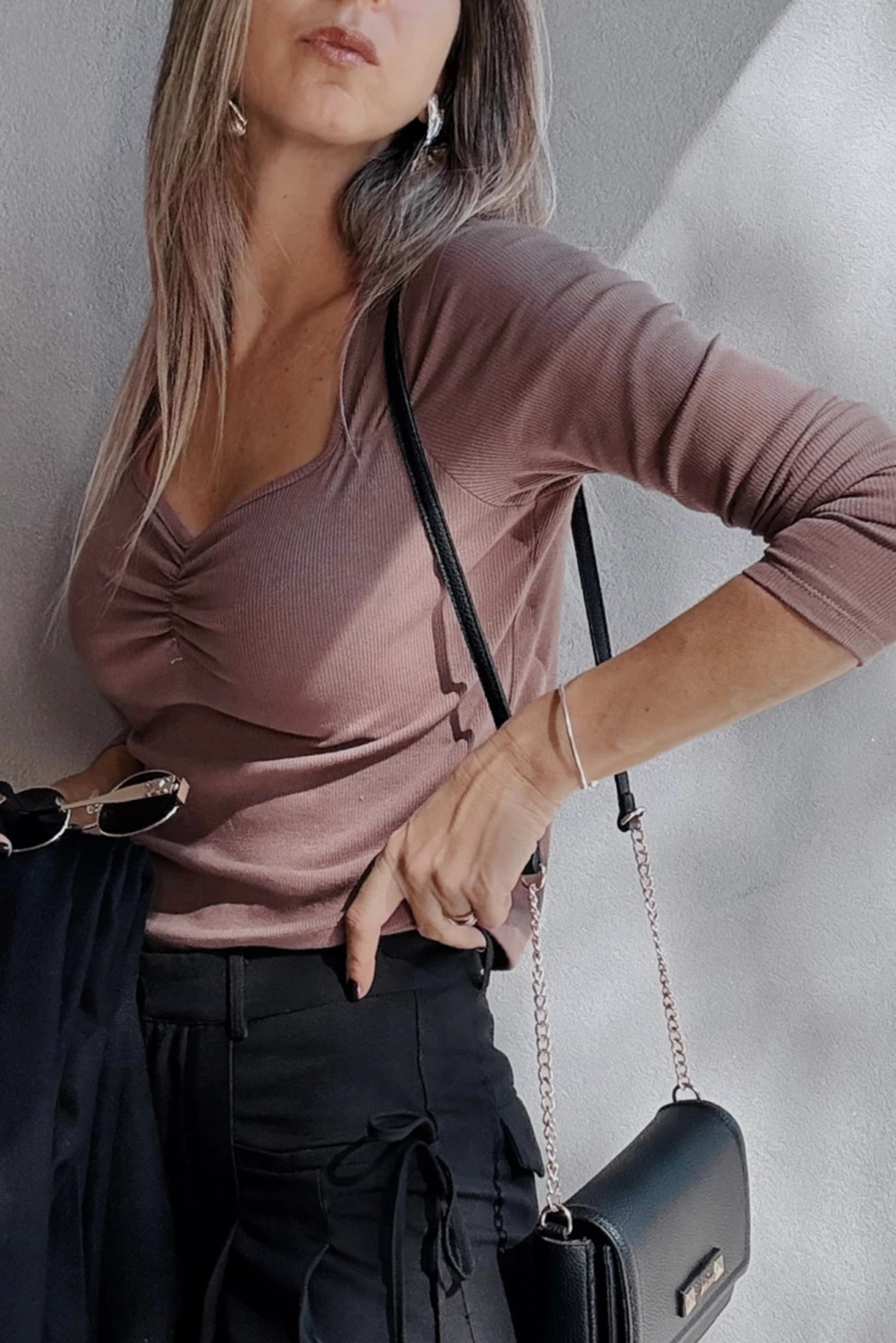 Burgundy Gathered Bust Square Neck Ribbed Fit Long Sleeve Top