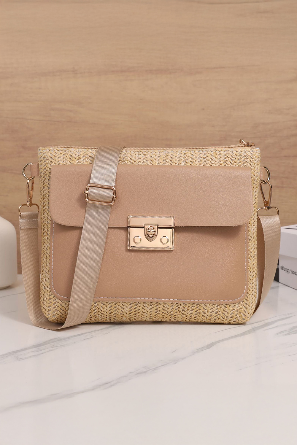 Thai Curry Leather Pocket Patchwork Straw Woven Shoulder Bag