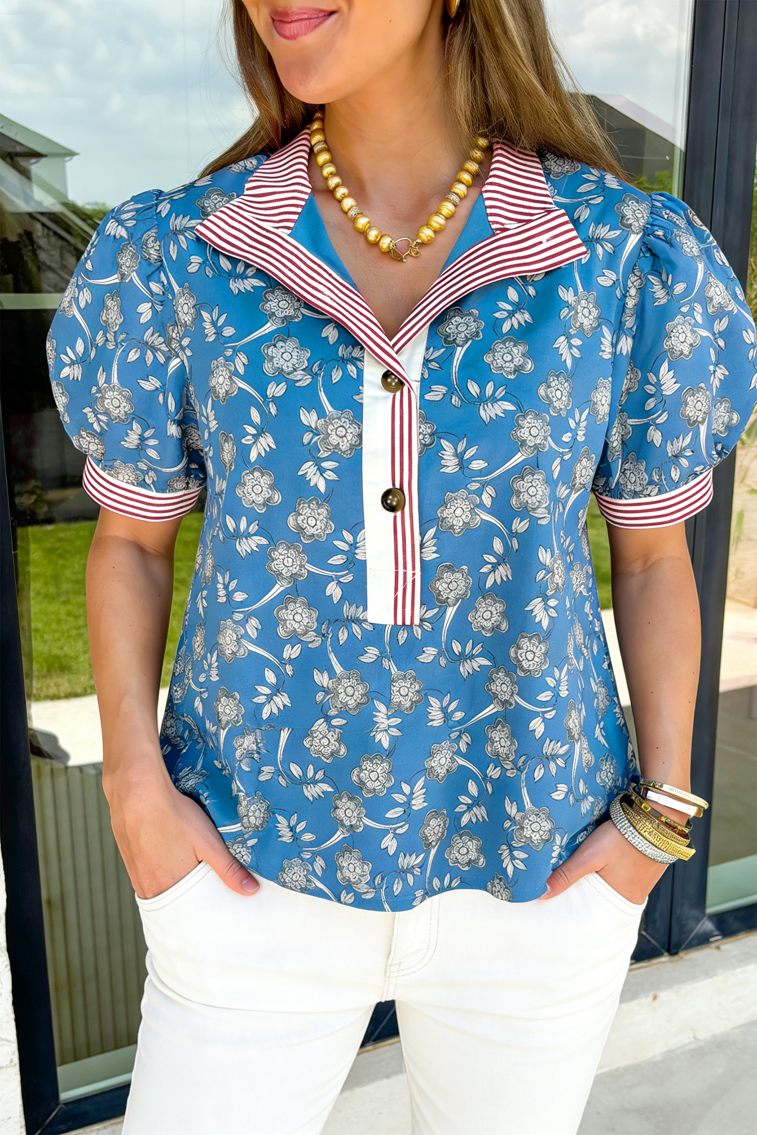 Blue Retro Floral Print Striped Trim Button Neck Short Sleeve Blouse