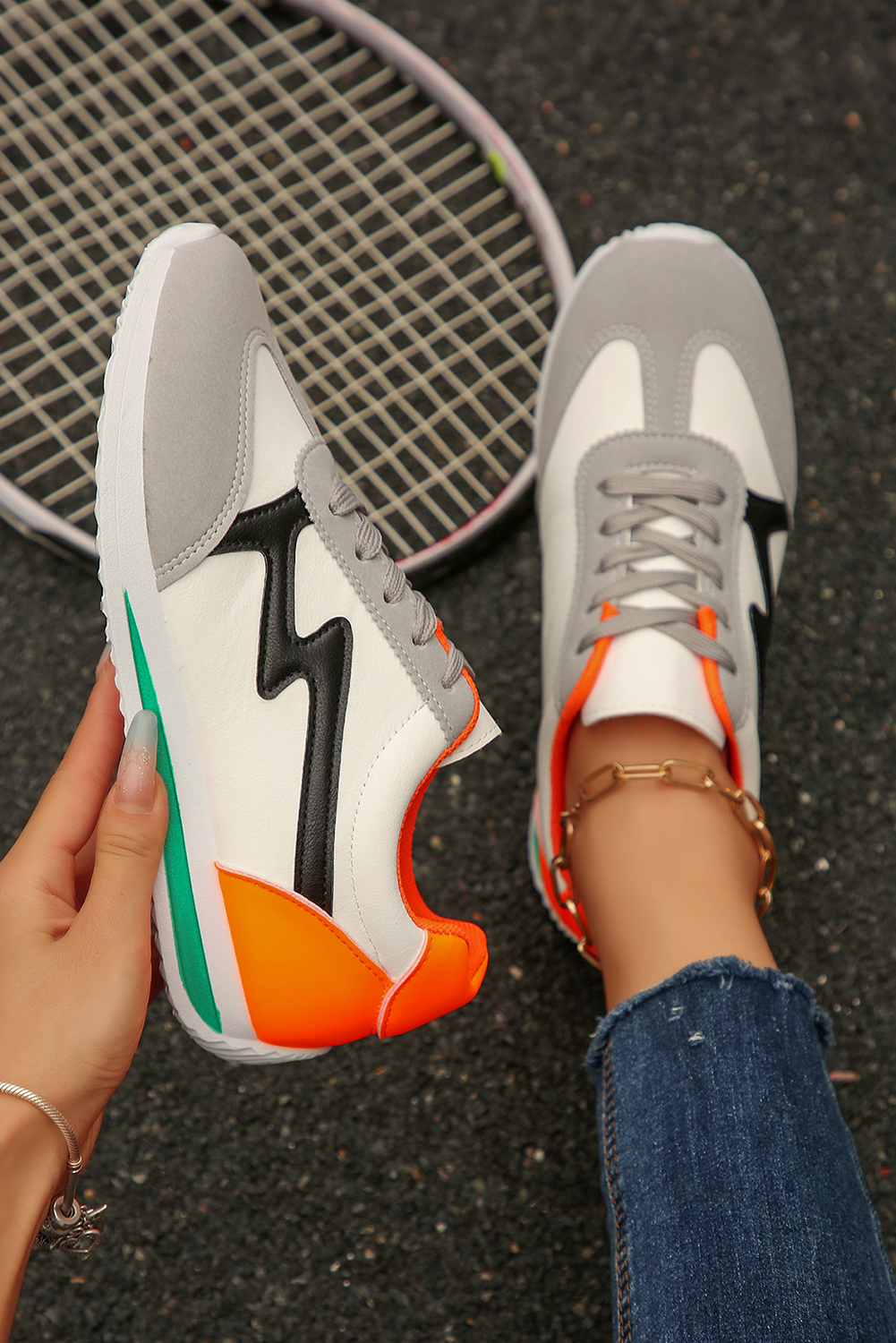 White PU Leather Color Block Patchwork Lace Up Sneakers