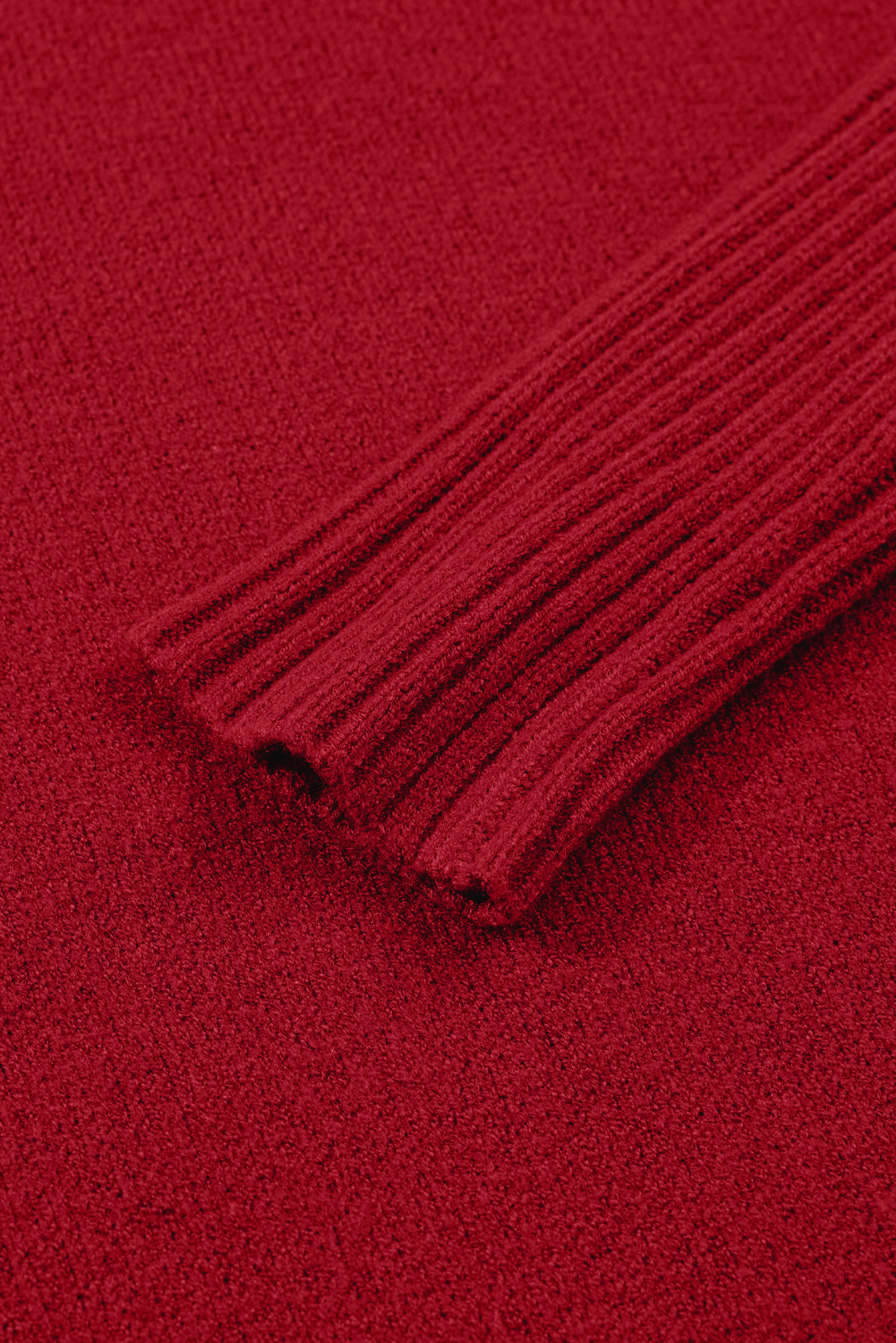 Fiery Red Ribbed High Neck Front Pockets Center Seam Shift Sweater Dress