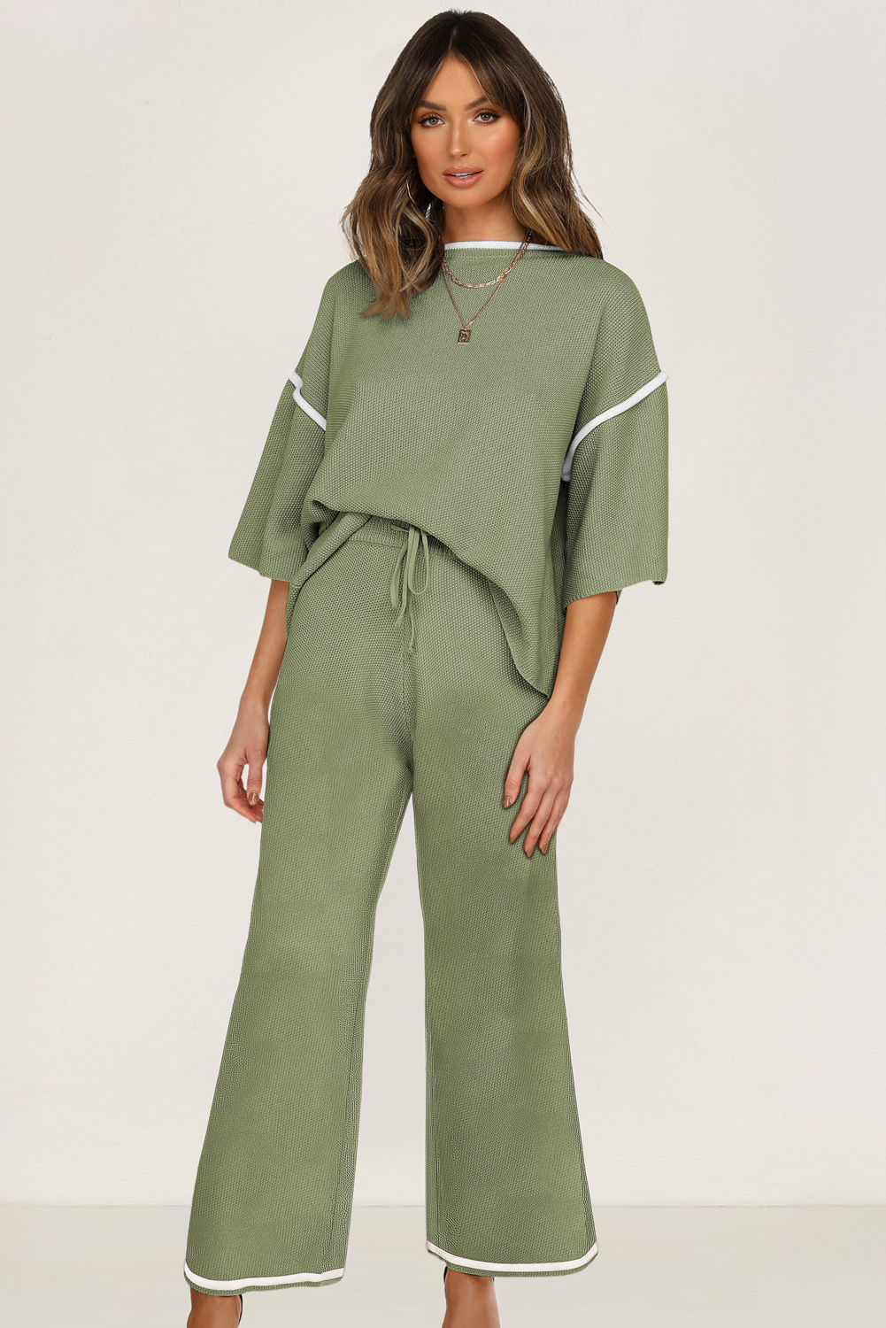 Blackish Green Contrast Trim Half Sleeve Top Drawstring Pants Loose 2pcs Sweater Suit