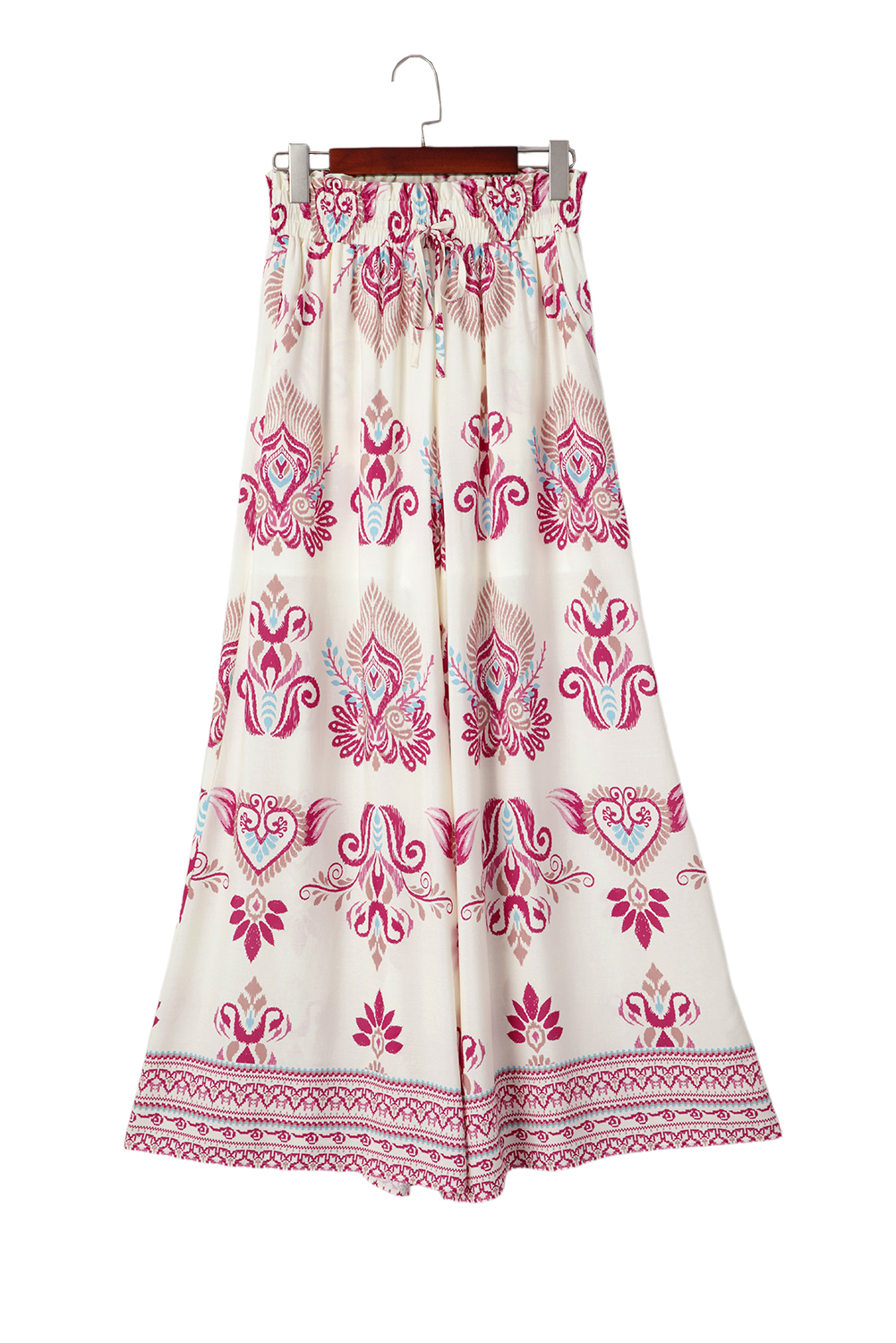 Rose Boho Printed Shirred High Waist Flowy Wide Leg Pants