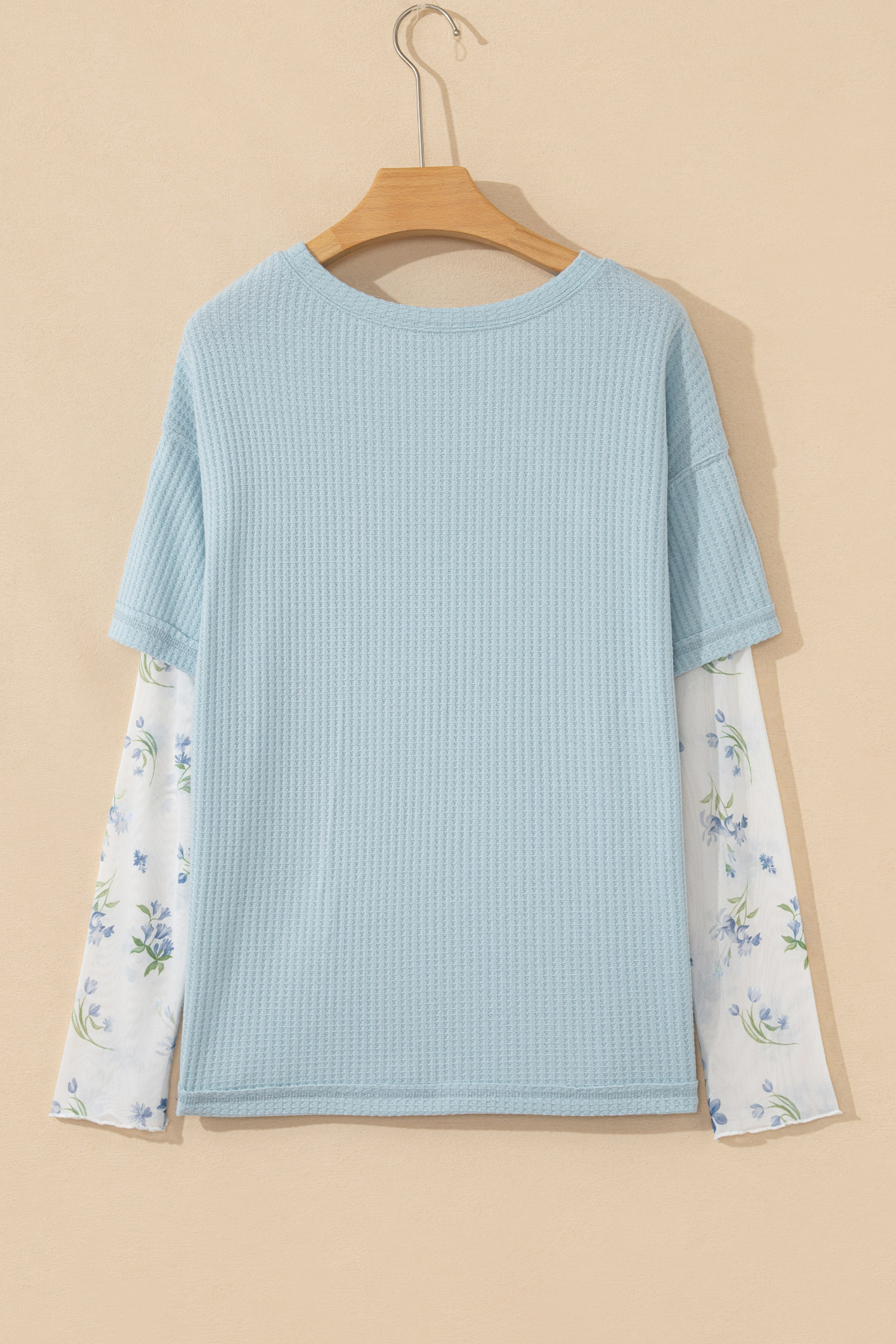 Beau Blue Floral Lace Sleeve Patchwork Waffle Fake Two-piece Top