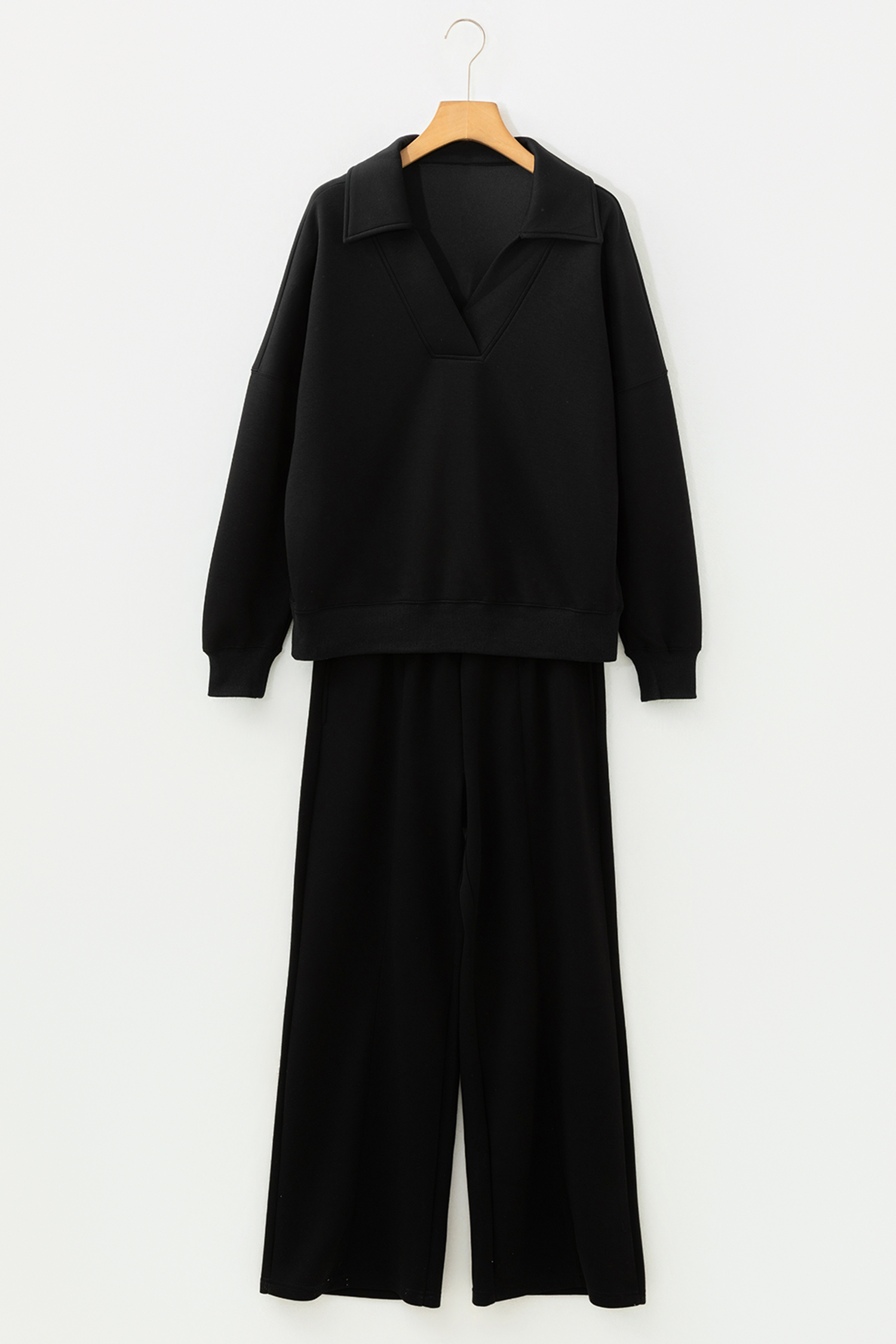 Bristol Black Collared V Neck Pullover Sweatshirt Sweatpants Set