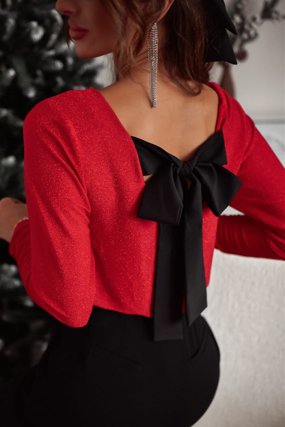 Red Metallic Bowknot Open Back V Neck Top
