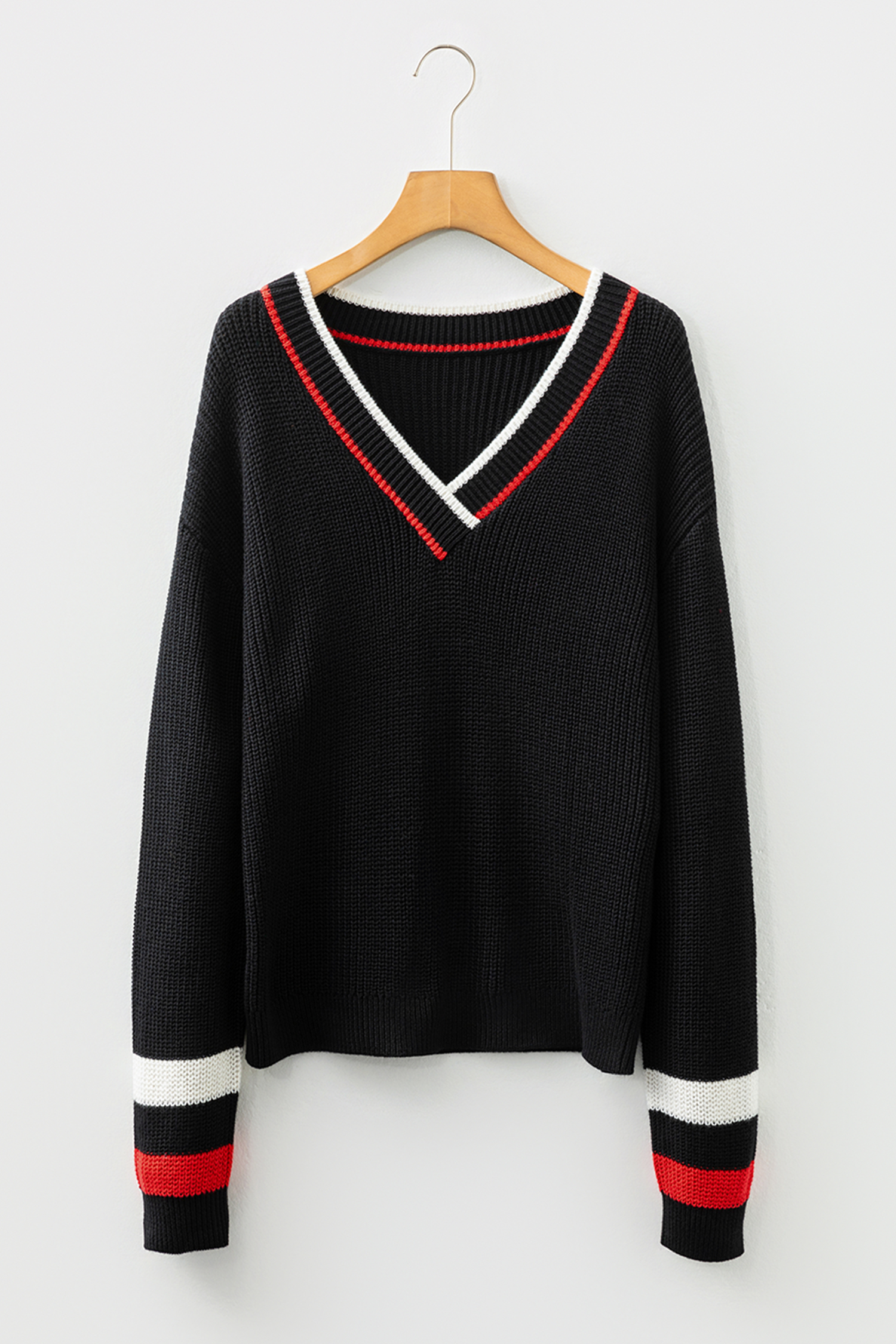 Black Contrast Striped Trim V Neck Drop Shoulder Sweater