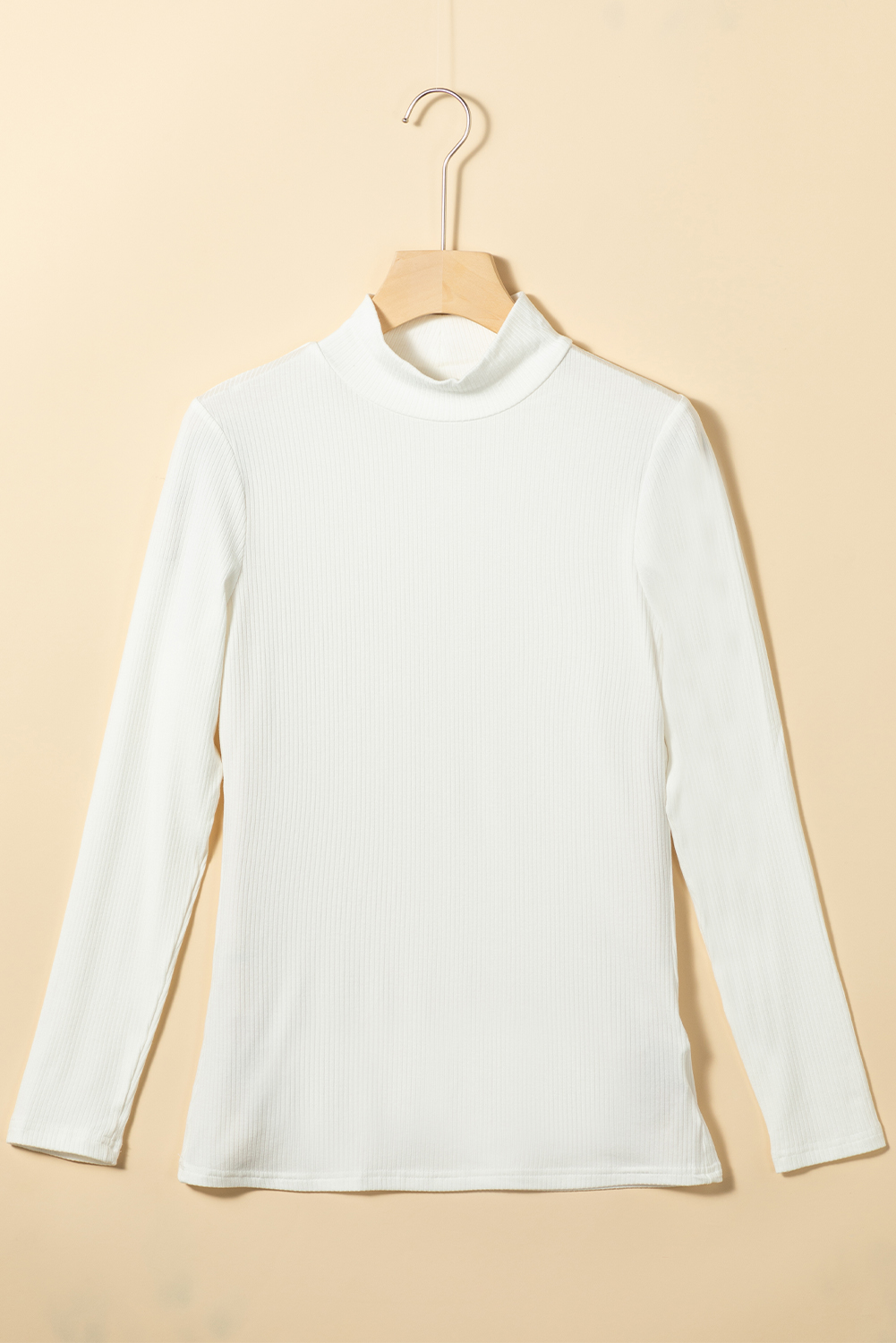 White Ribbed Knit High Neck Long Sleeve Top