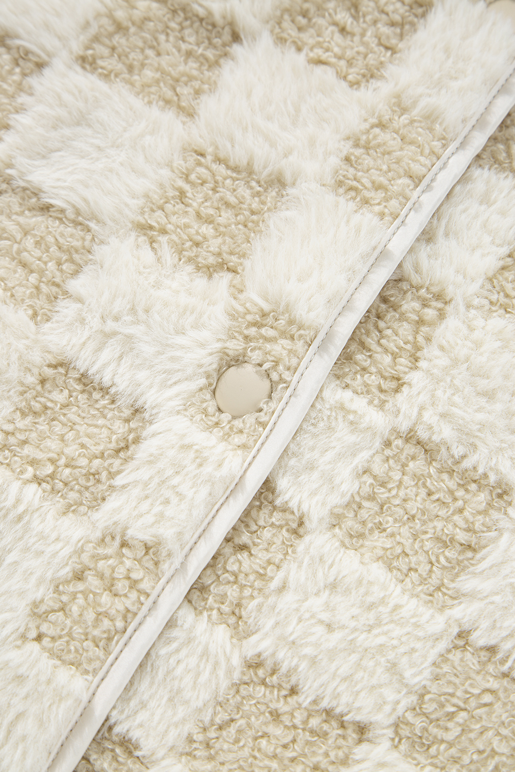 Khaki Sherpa Checkerboard Snap Button Vest Jacket With Pocket