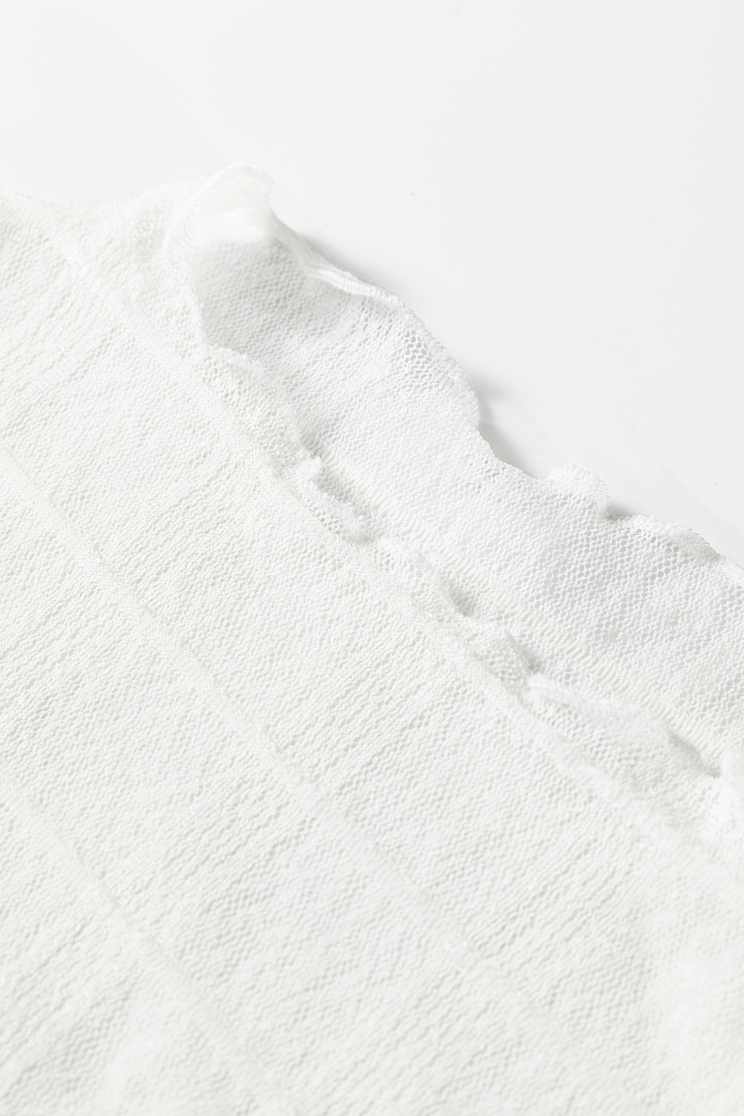 White Sheer Plaid Mesh Lettuce Trim Slim Fit Long Sleeve Top