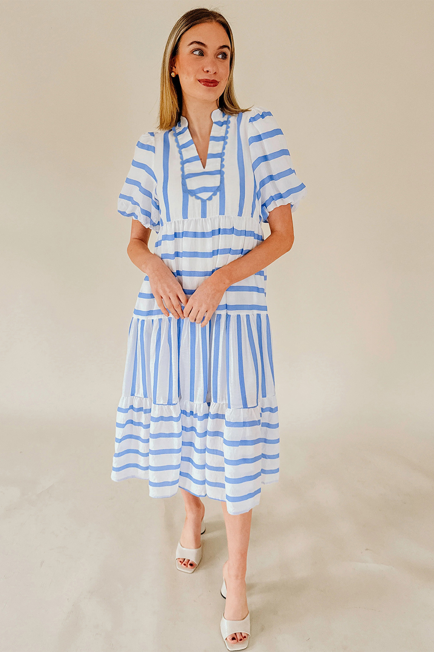 Sky Blue Stripe Ricrac Trim Notched Neck Half Sleeve Vacation Dress