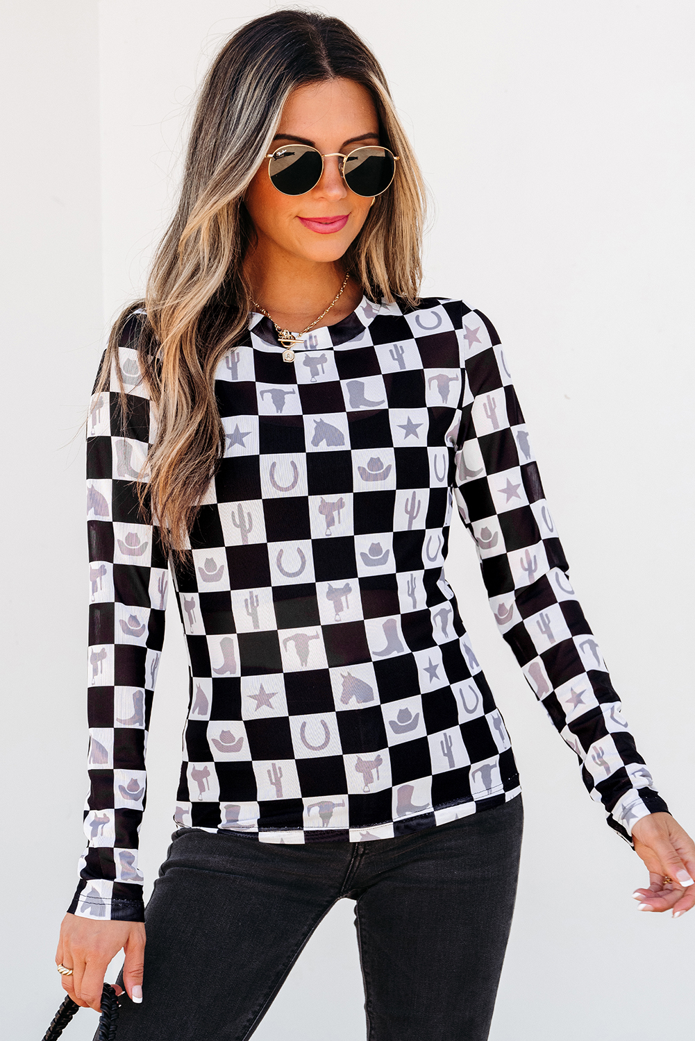 Khaki Checkered Pattern Mesh Mock Neck Long Sleeve Top
