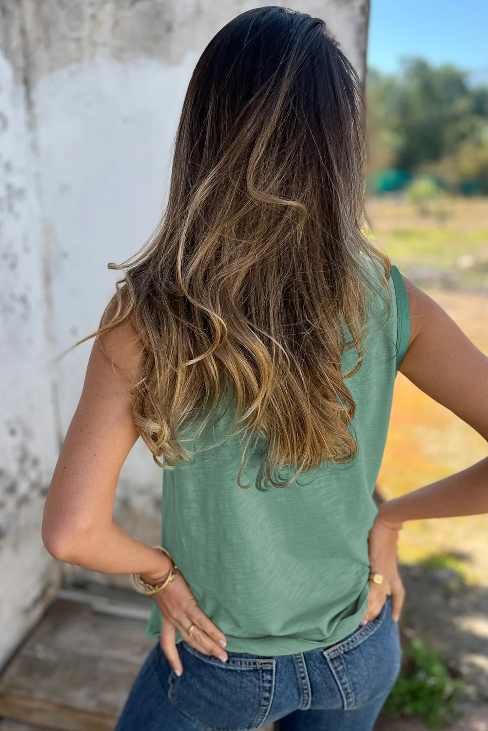 Tan Metallic Sheen Edge Scoop Neck Tank Top