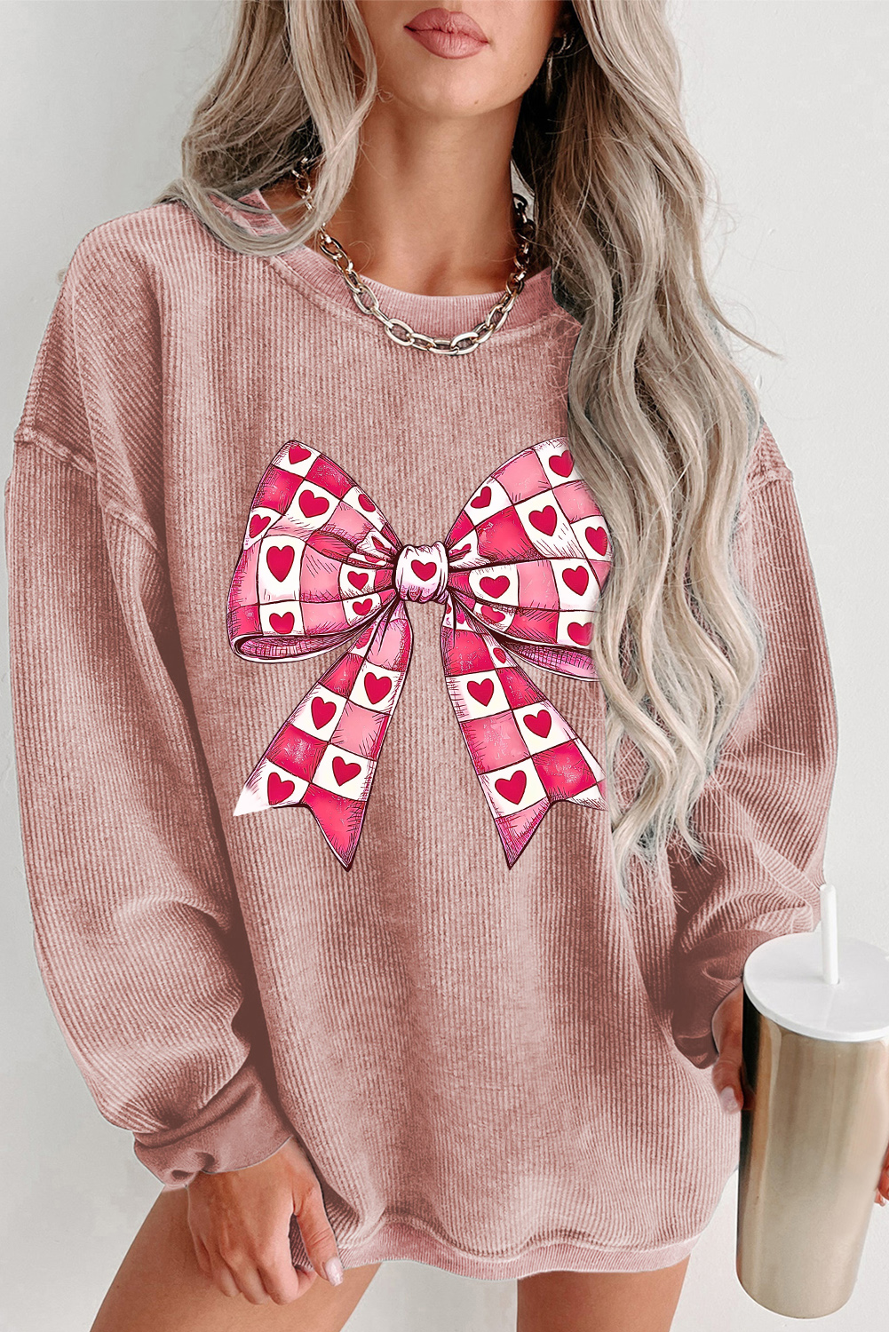 Pink Solid Ribbed Knit Round Neck Pullover Sweatshirt