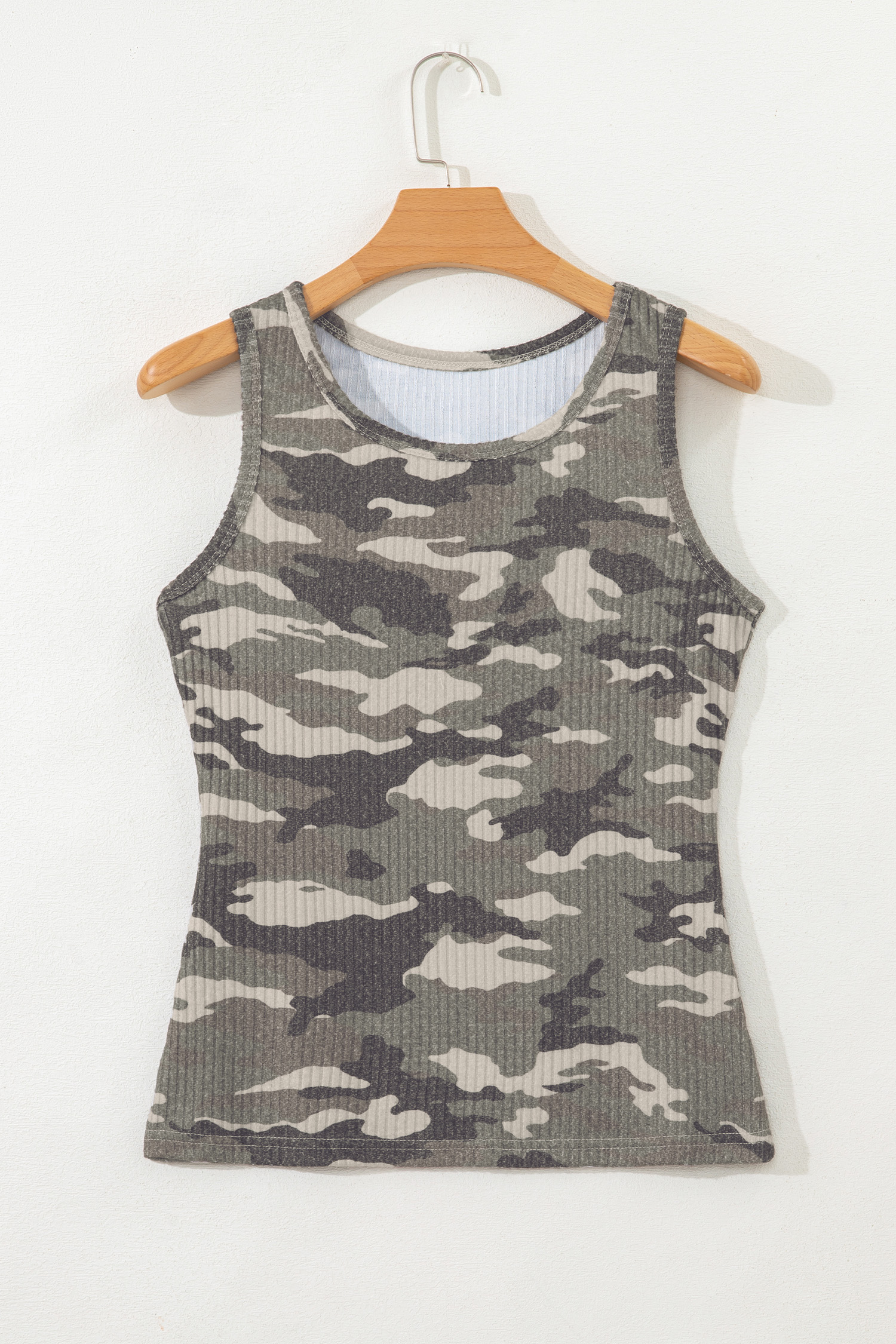 Gray Camouflage Print Ribbed Knit Round Neck Tank Top