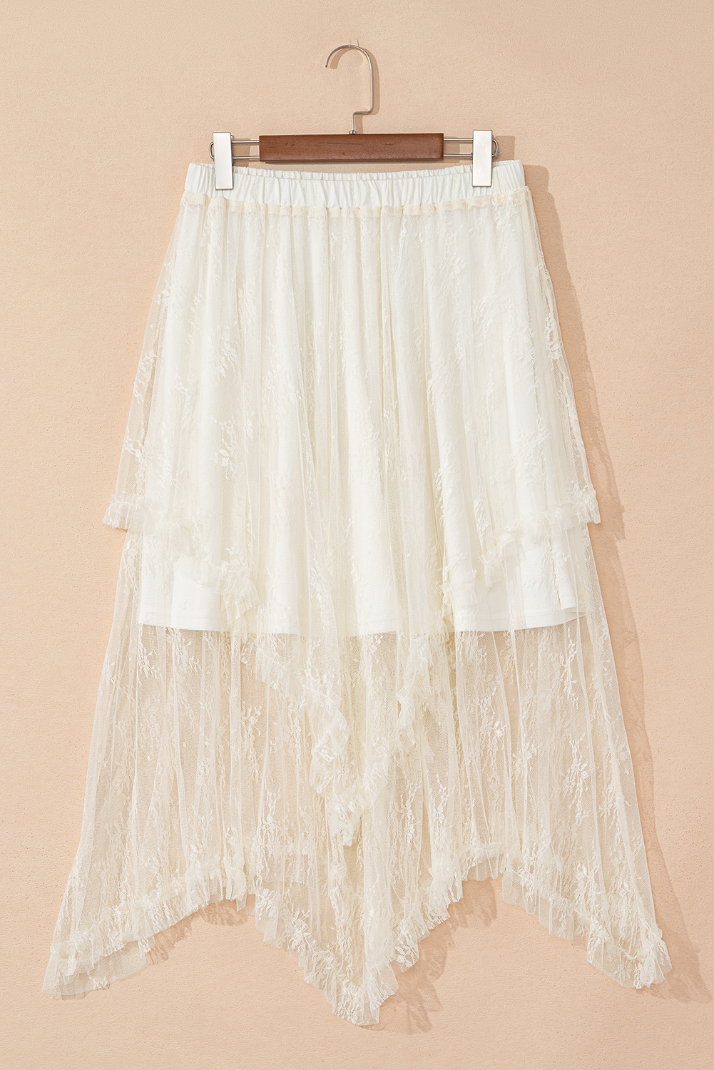 Apricot Lace Cascading Tiered High Waist Maxi Skirt