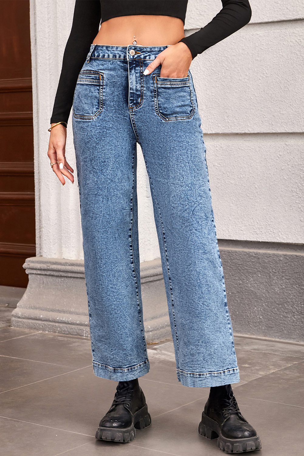 Light Blue Chic Patch Pocket Straight Leg Loose Jeans