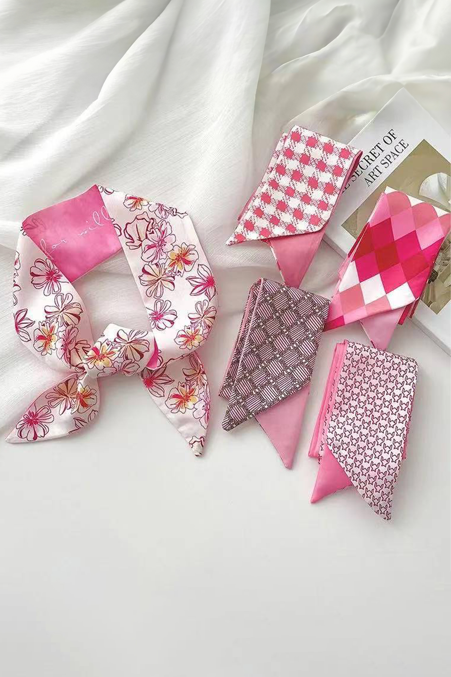 Rose Red Valentines Day Sweet Rhombus Print Ribbon Hair Band Silky Scarf