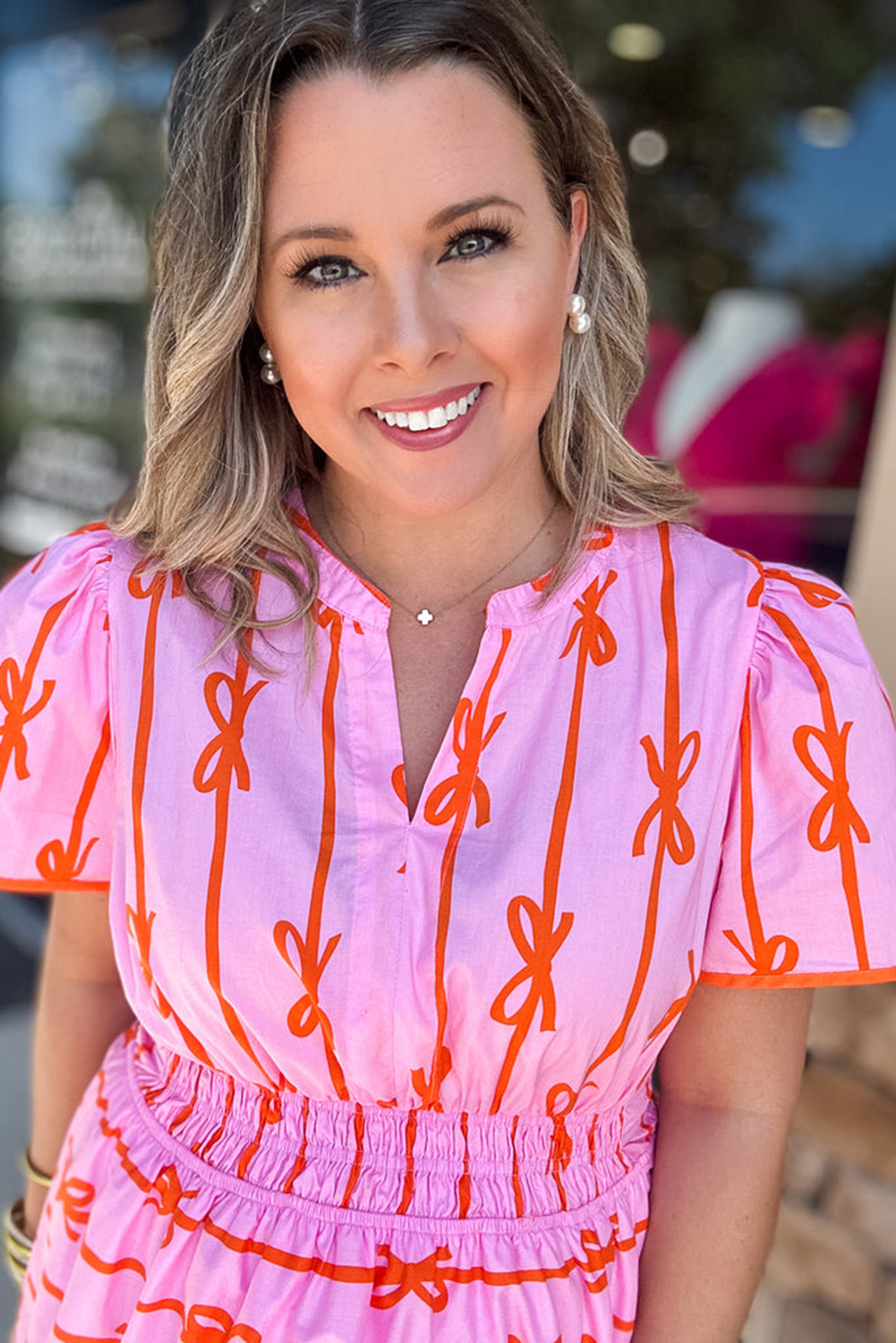 Pink Bowknot Striped Printed Bubble Sleeve Buttoned Belted Mini Dress