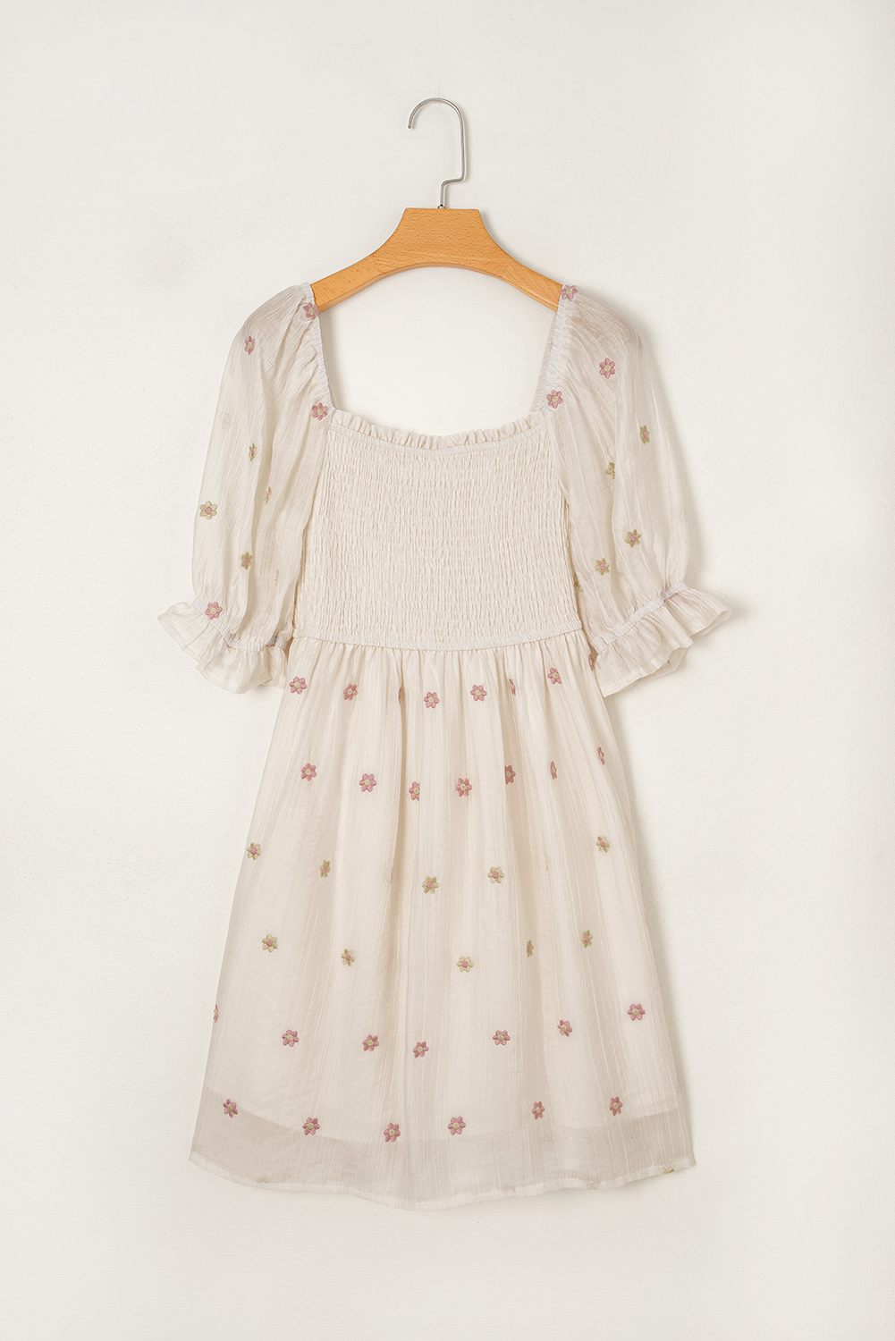 Beige Embroidered Flower Smocked Bust Half Puff Sleeve Empire Waist Textured Flowy Dress