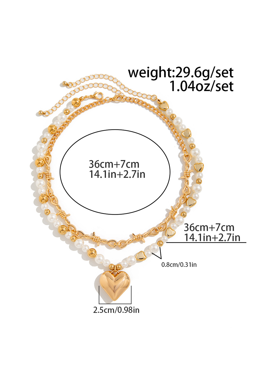 Gold 2pcs Alloy Plated Heart Pendant Pearl Necklace Set