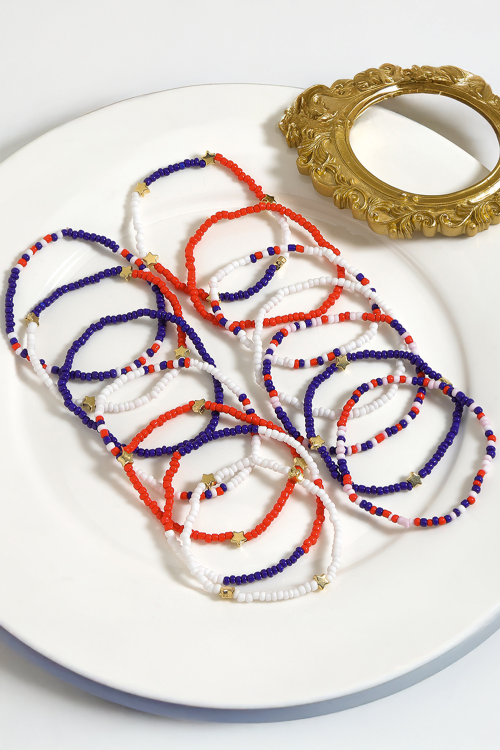 Dark Blue American Flag Star Beaded Multi Layer Bracelet Set