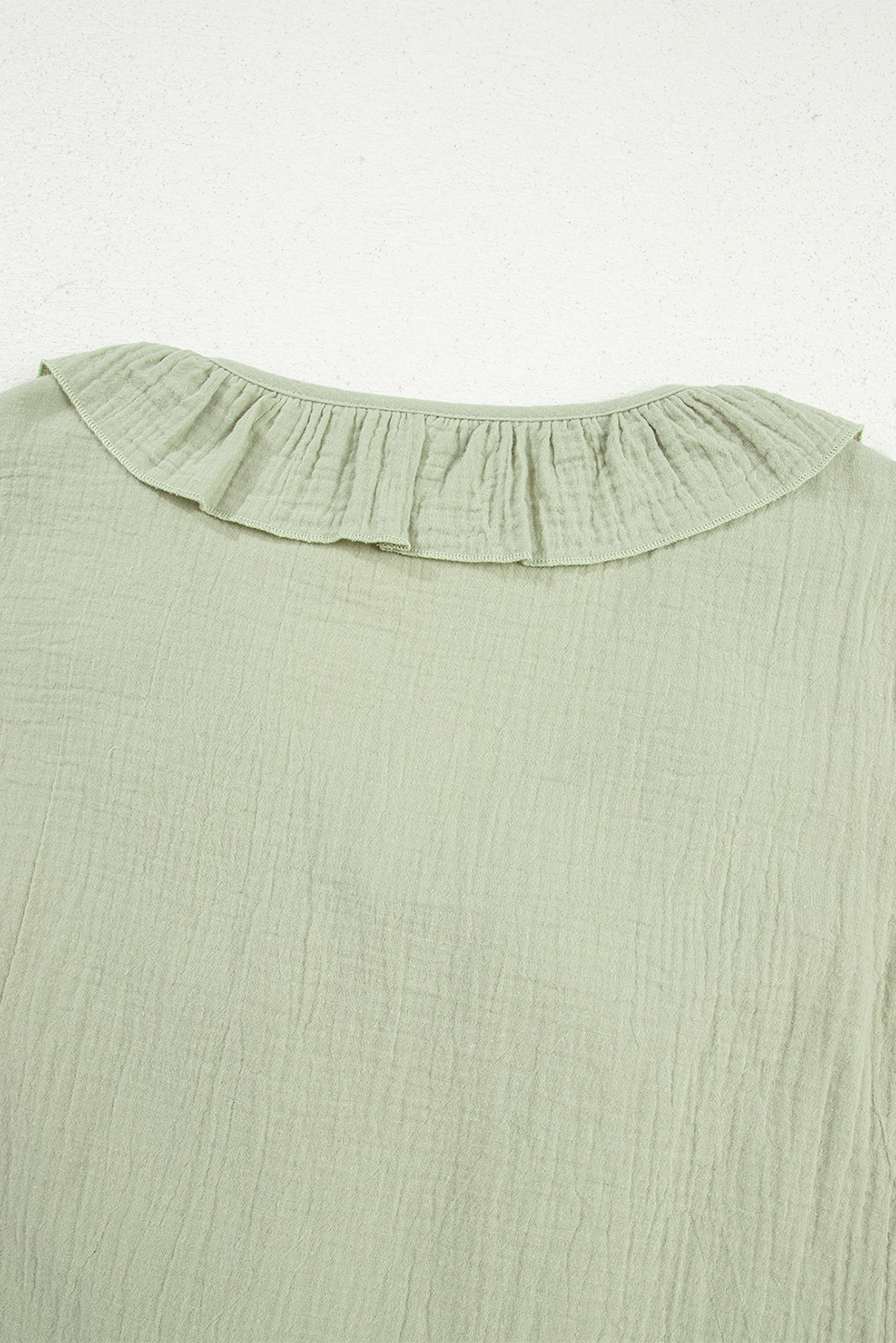 Meadow Mist Green Bow Tie Front Ruffle Trim V Neck Long Sleeve Gauze Blouse