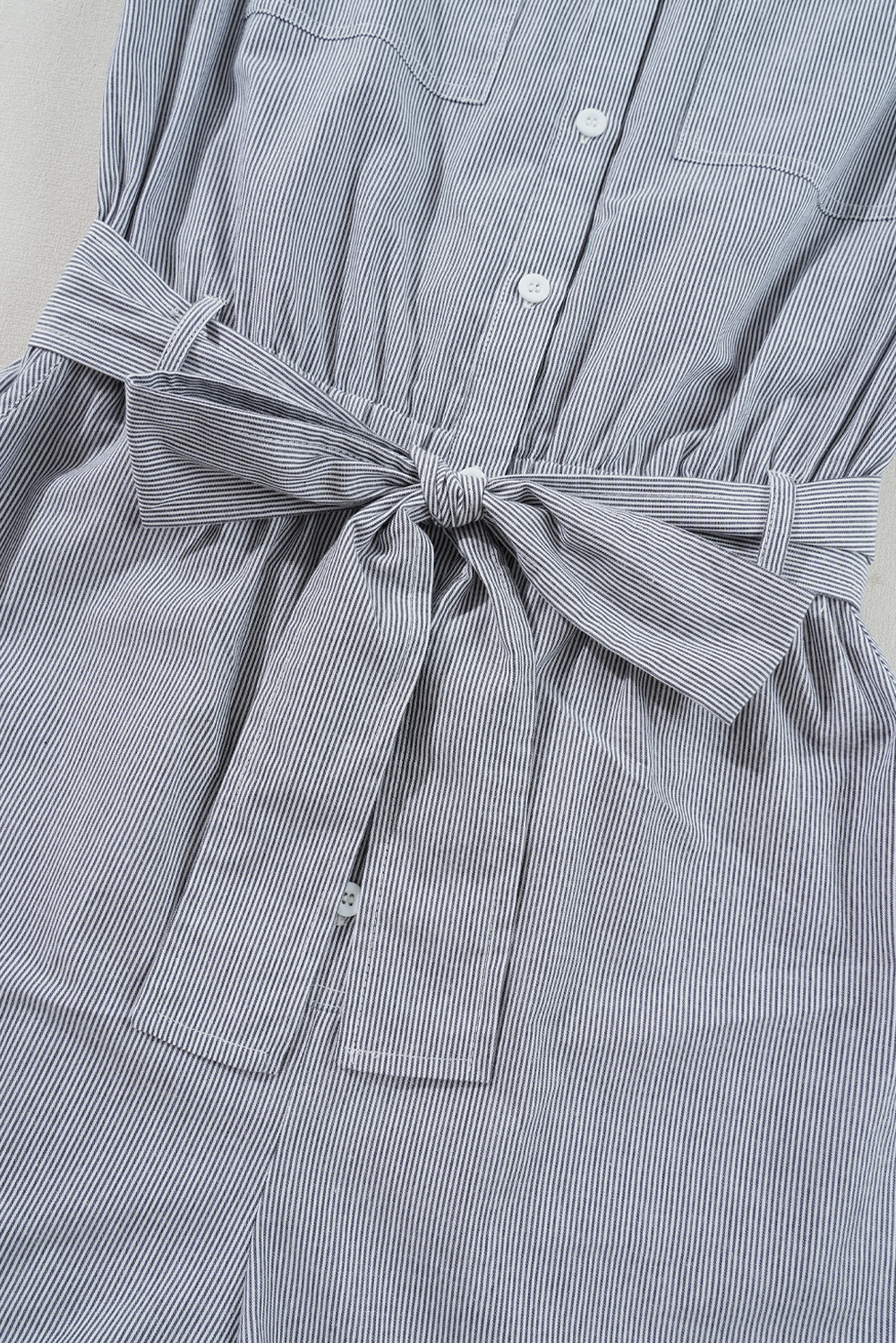 Blue Stripe Chest Pockets Buttoned Belted High Waist Romper
