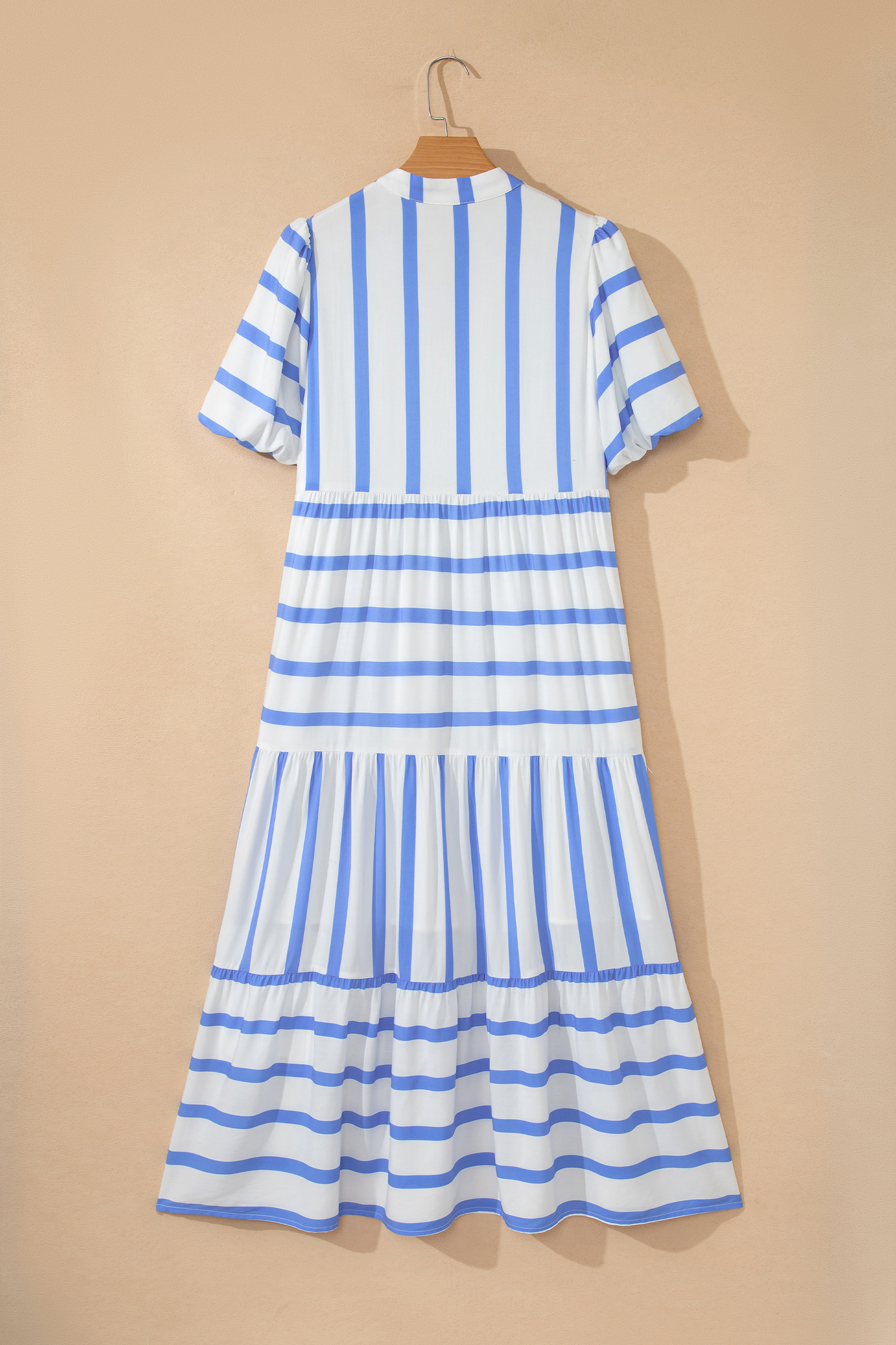 Sky Blue Stripe Ricrac Trim Notched Neck Half Sleeve Vacation Dress