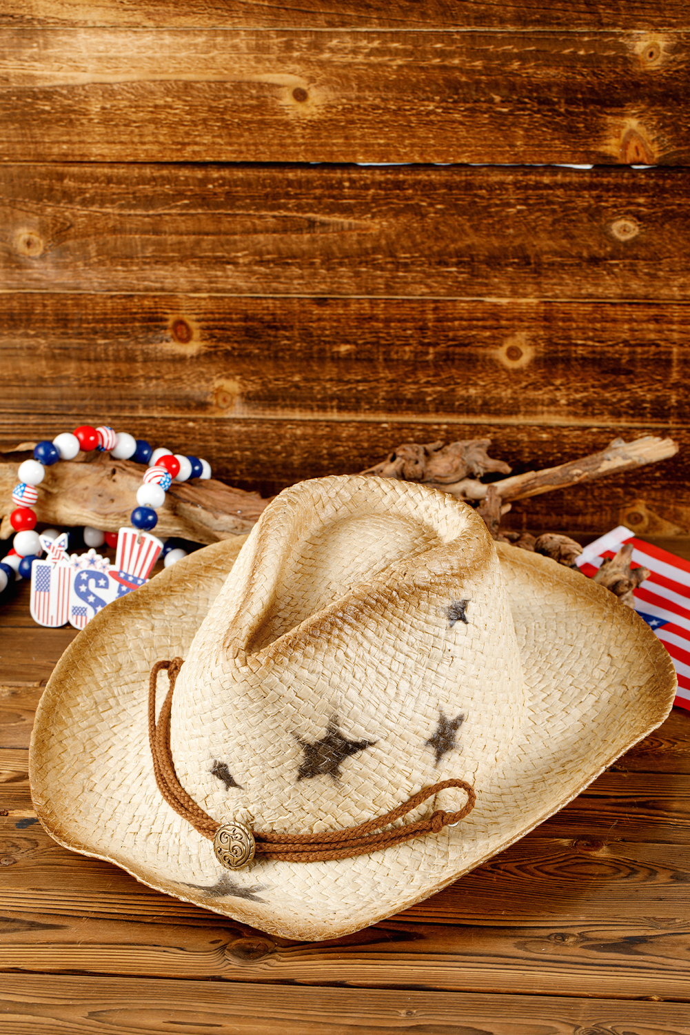 Khaki Vintage Star Shape Woven Wide Brim Buckle Hat