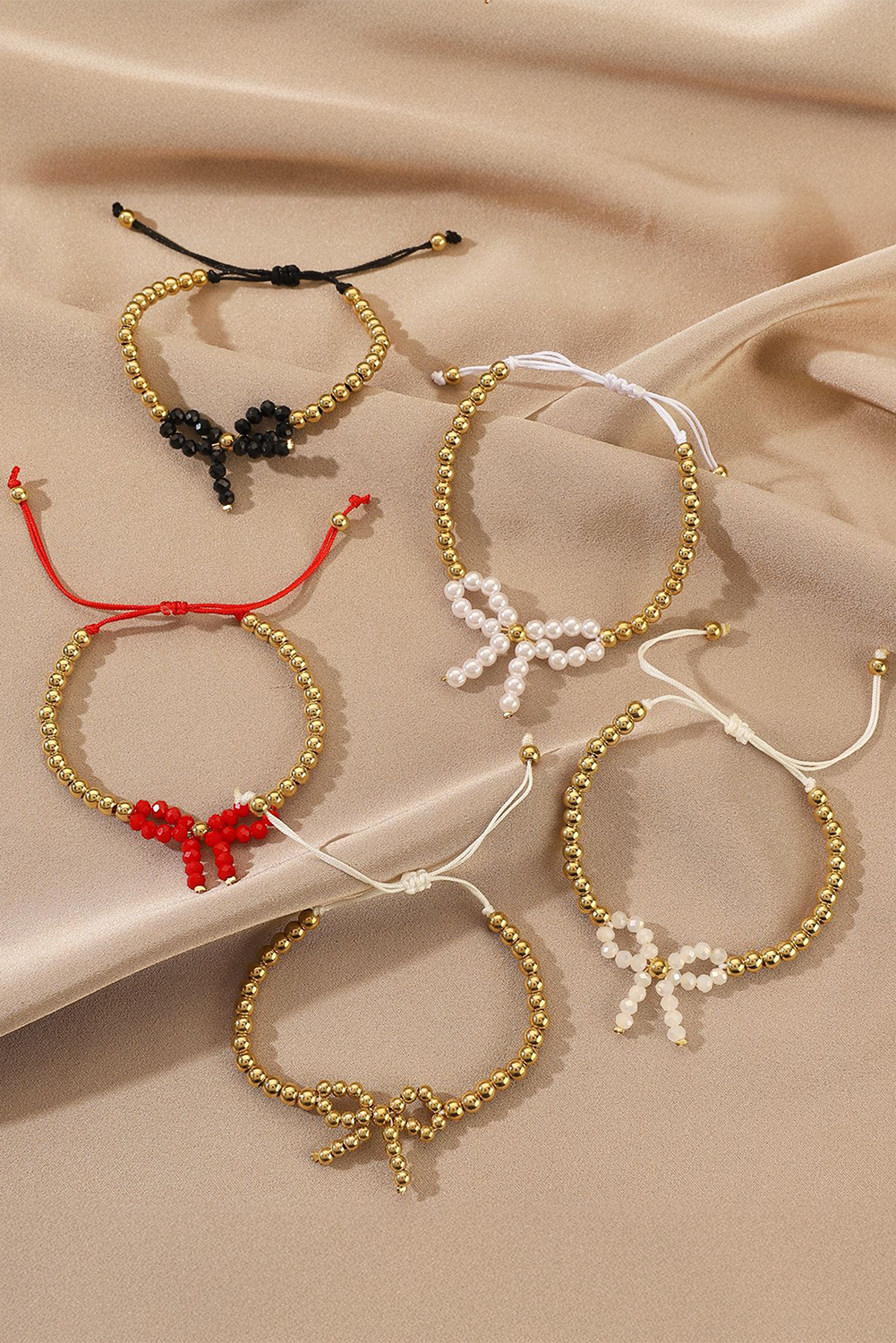 White Pearled Bow Knot Plated Beads Adjustable Bracelet