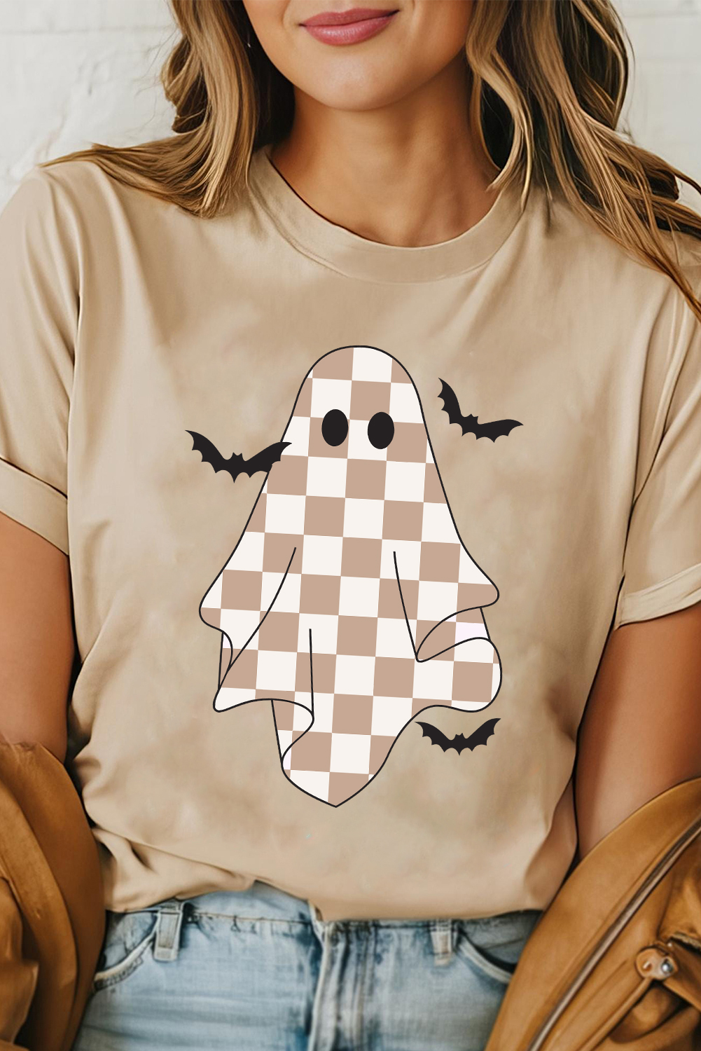 Khaki Ghost Bat Halloween Holiday Graphic Tee