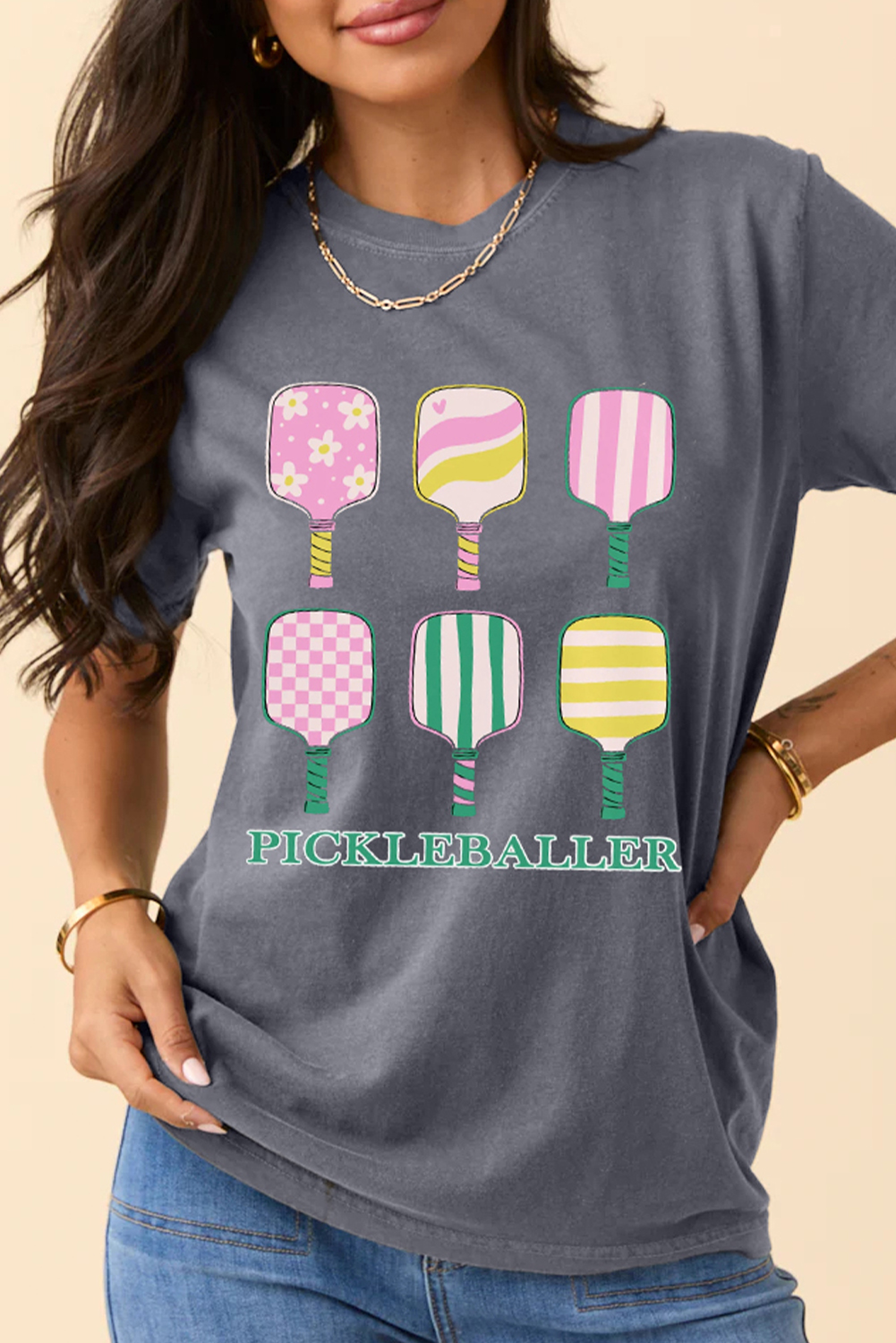 Gray PICKLEBALLER Playful Bats Printed Casual T Shirt