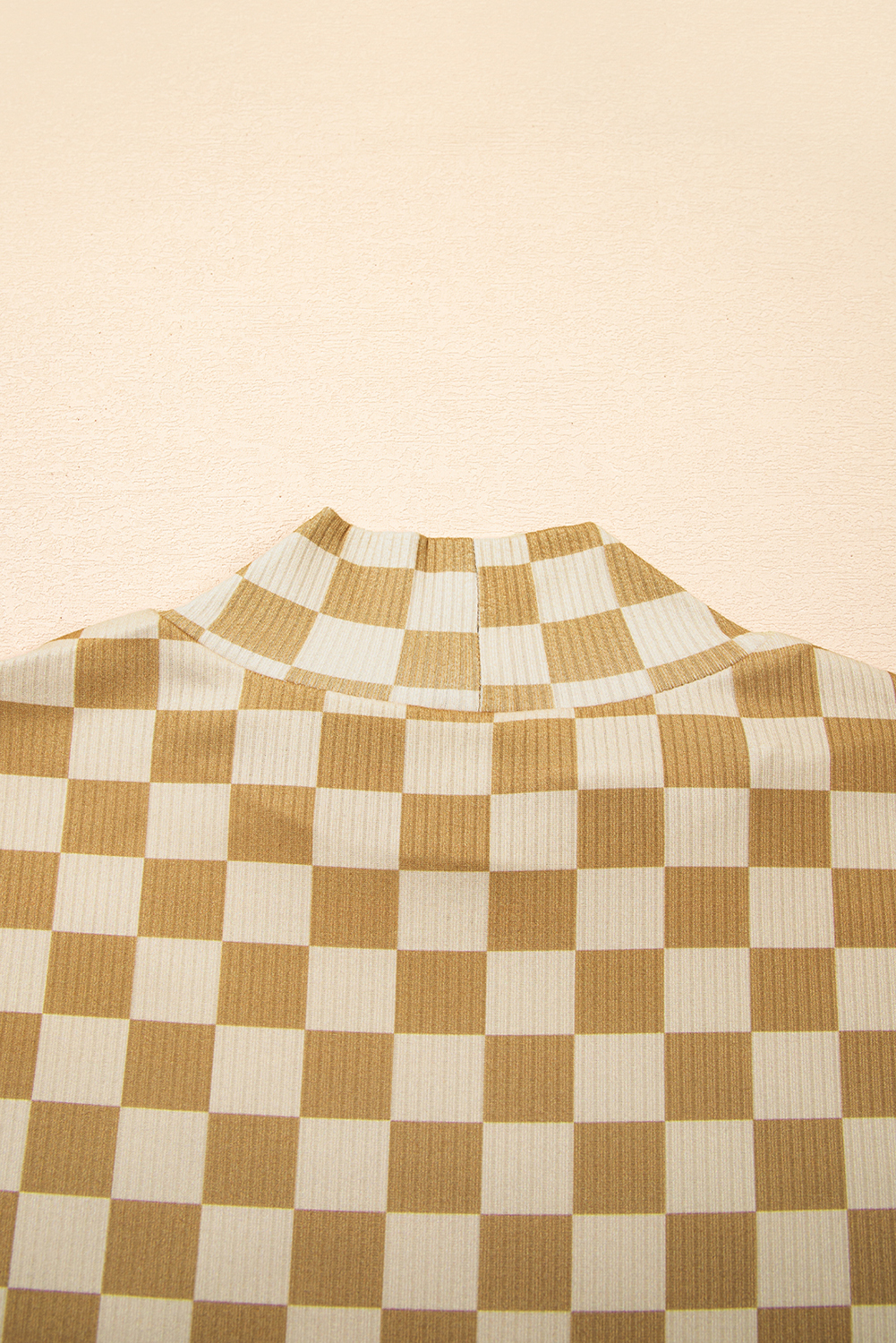 Khaki Check Pattern Turtleneck Ribbed Slim Long Sleeve Tee