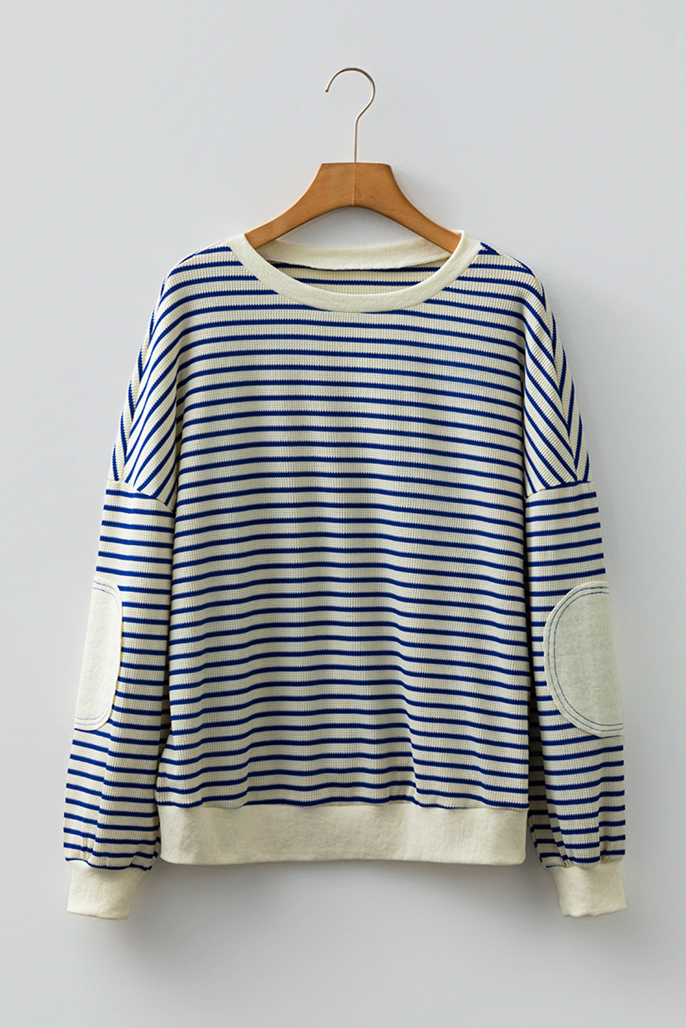 Blue Stripe Textured Elbow Patched Crew Neck Drop Shoulder Sweatshirt