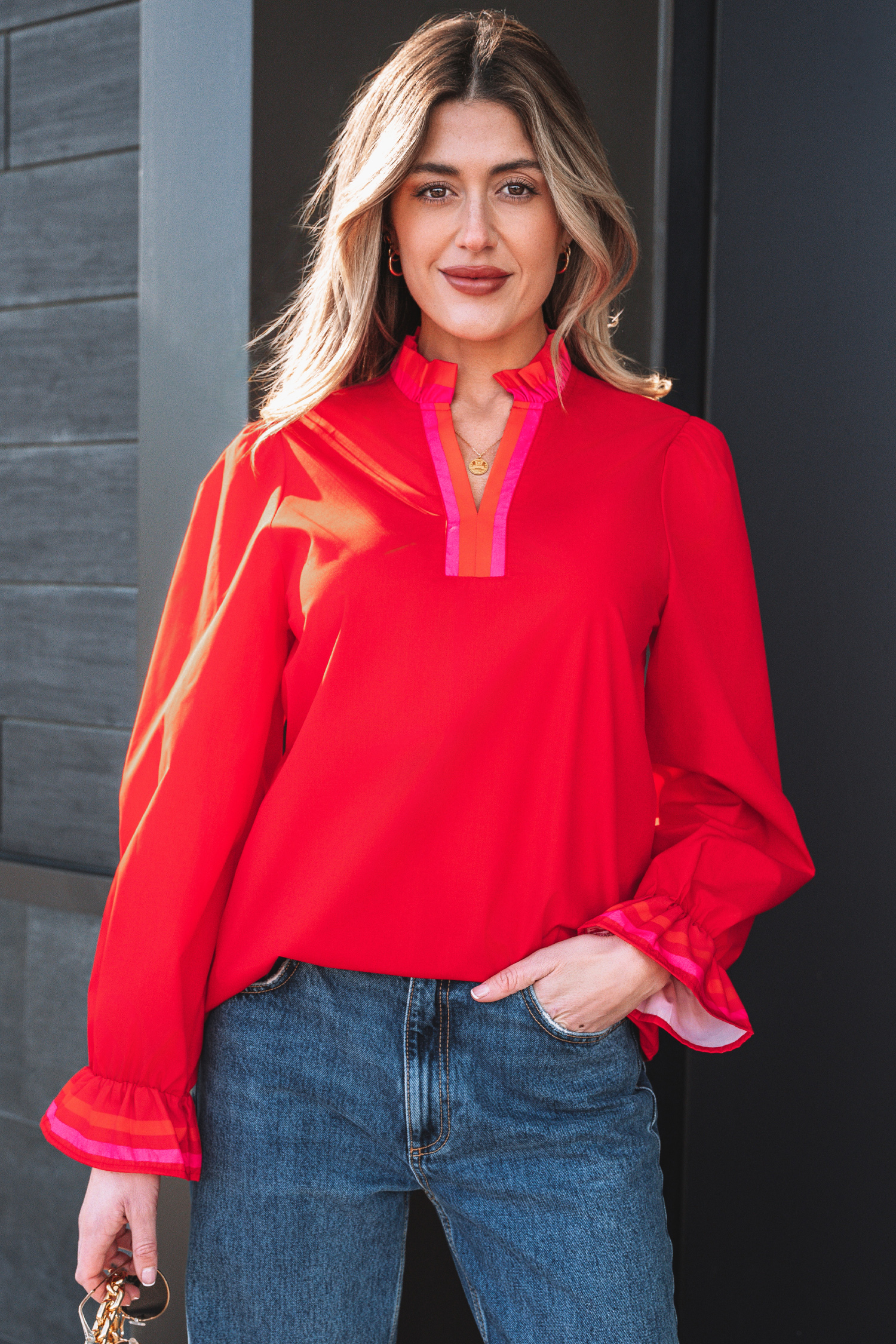 Four Leaf Clover Striped Trim Ruffle Split Neck Long Sleeve Blouse