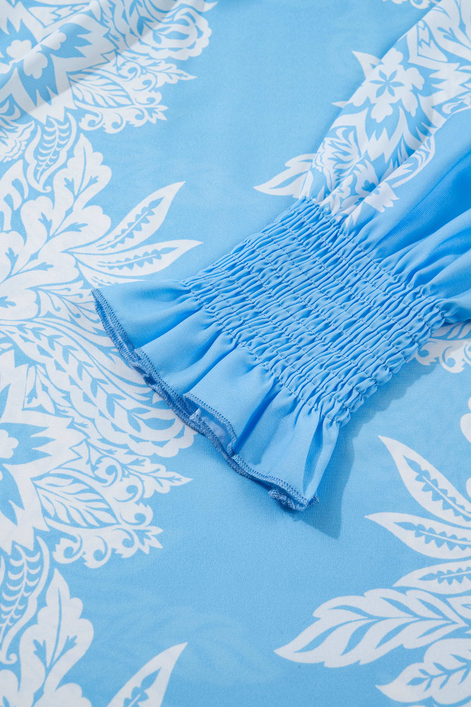 Sky Blue Ruffled Collar Puff Sleeve Flower Blouse