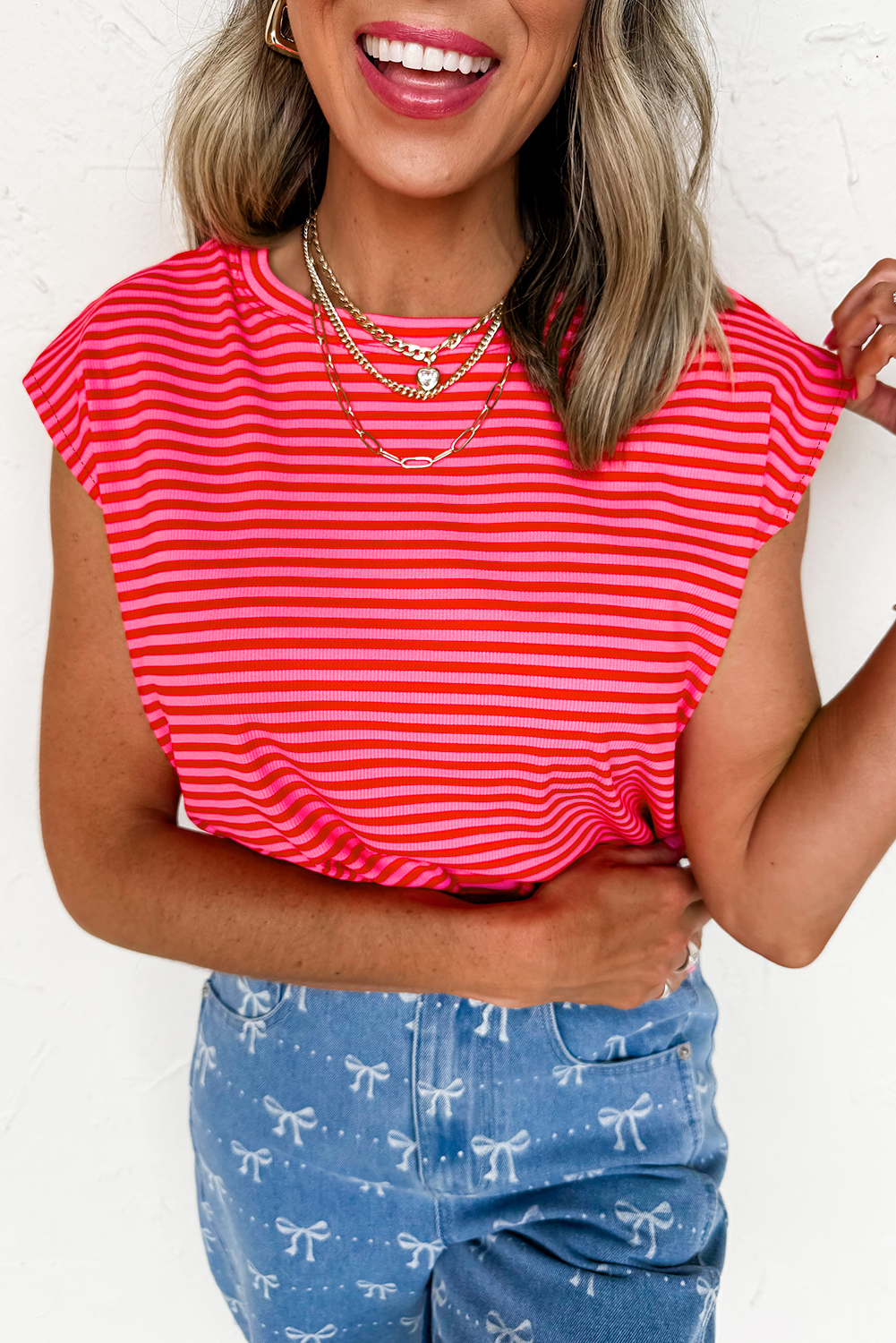 Sky Blue Stripe Ribbed Cap Sleeve Round Neck T Shirt